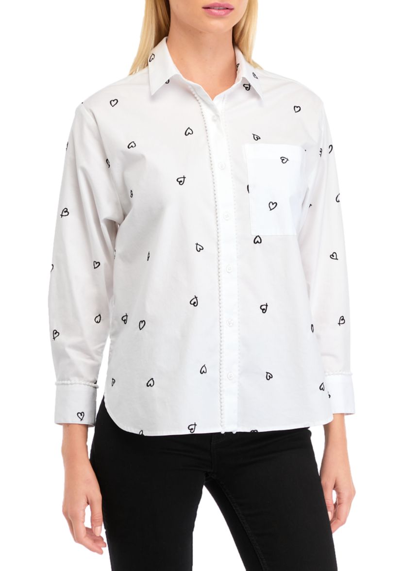 Petite Long Sleeve Button Up Embroidery Tunic Top 