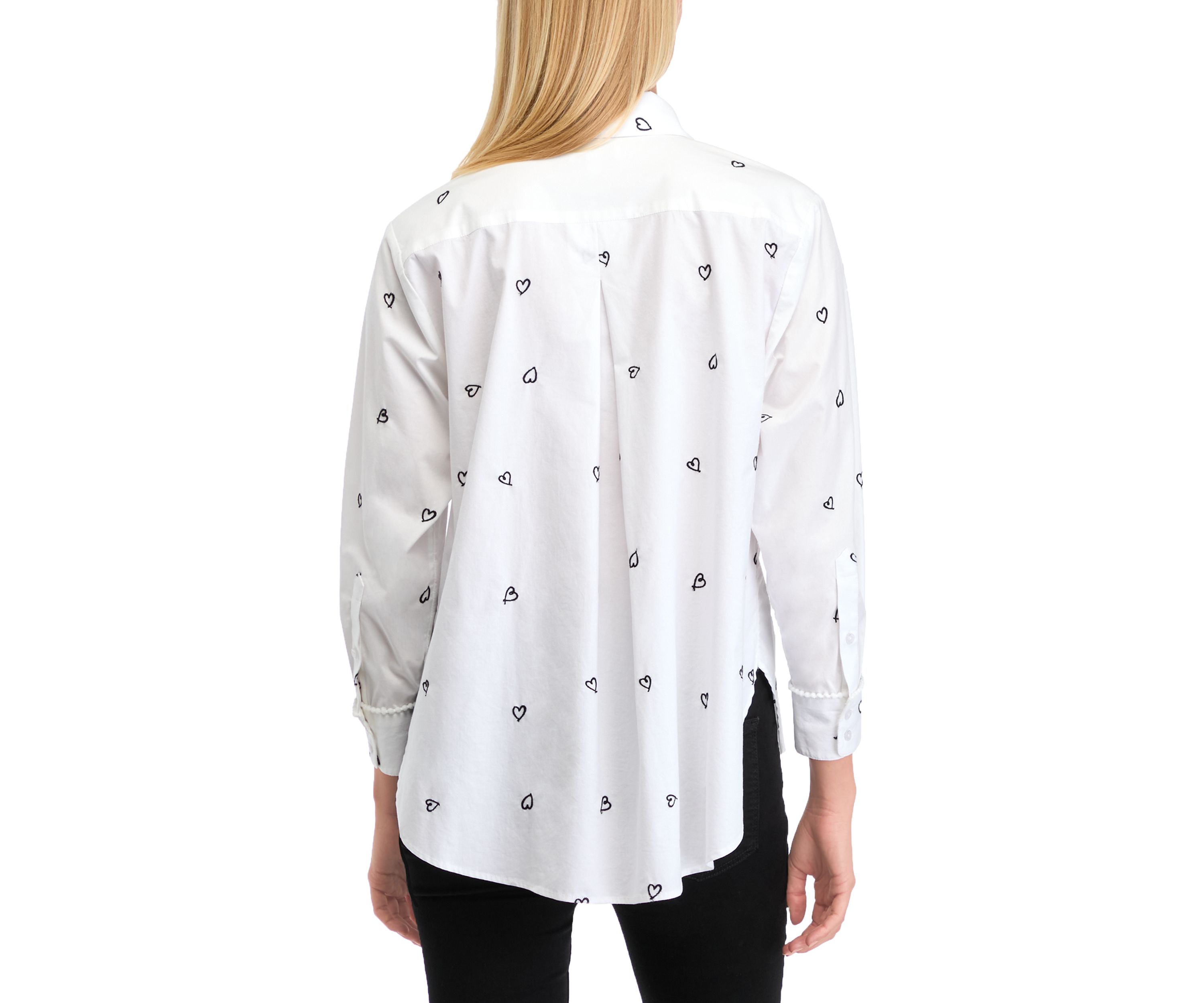 Petite Long Sleeve Button Up Embroidery Tunic Top 