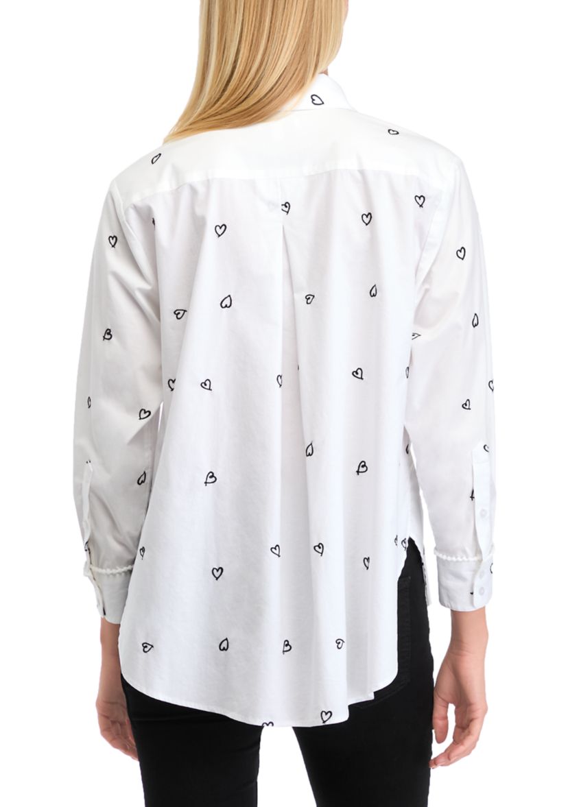 Petite Long Sleeve Button Up Embroidery Tunic Top 