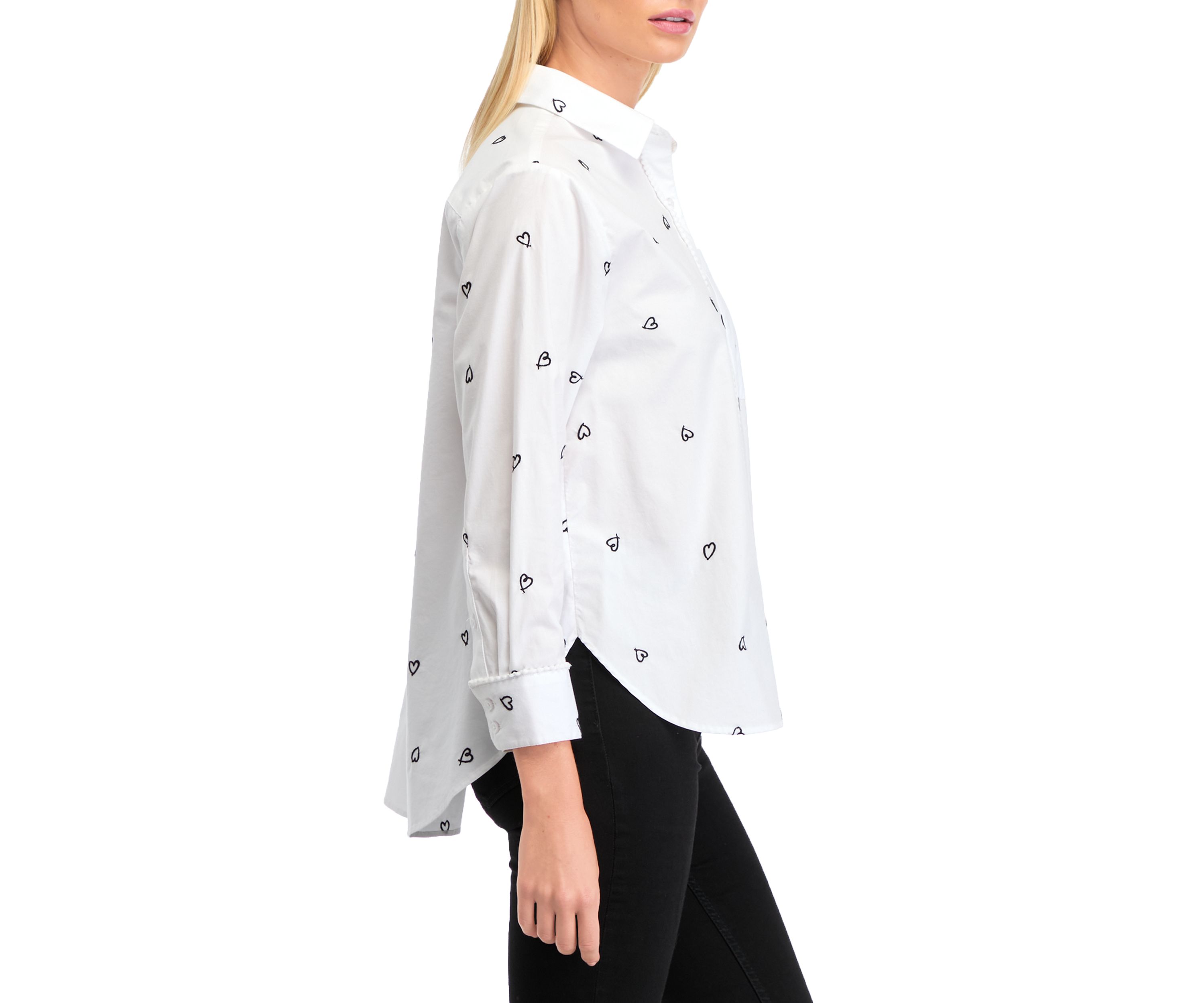 Petite Long Sleeve Button Up Embroidery Tunic Top 