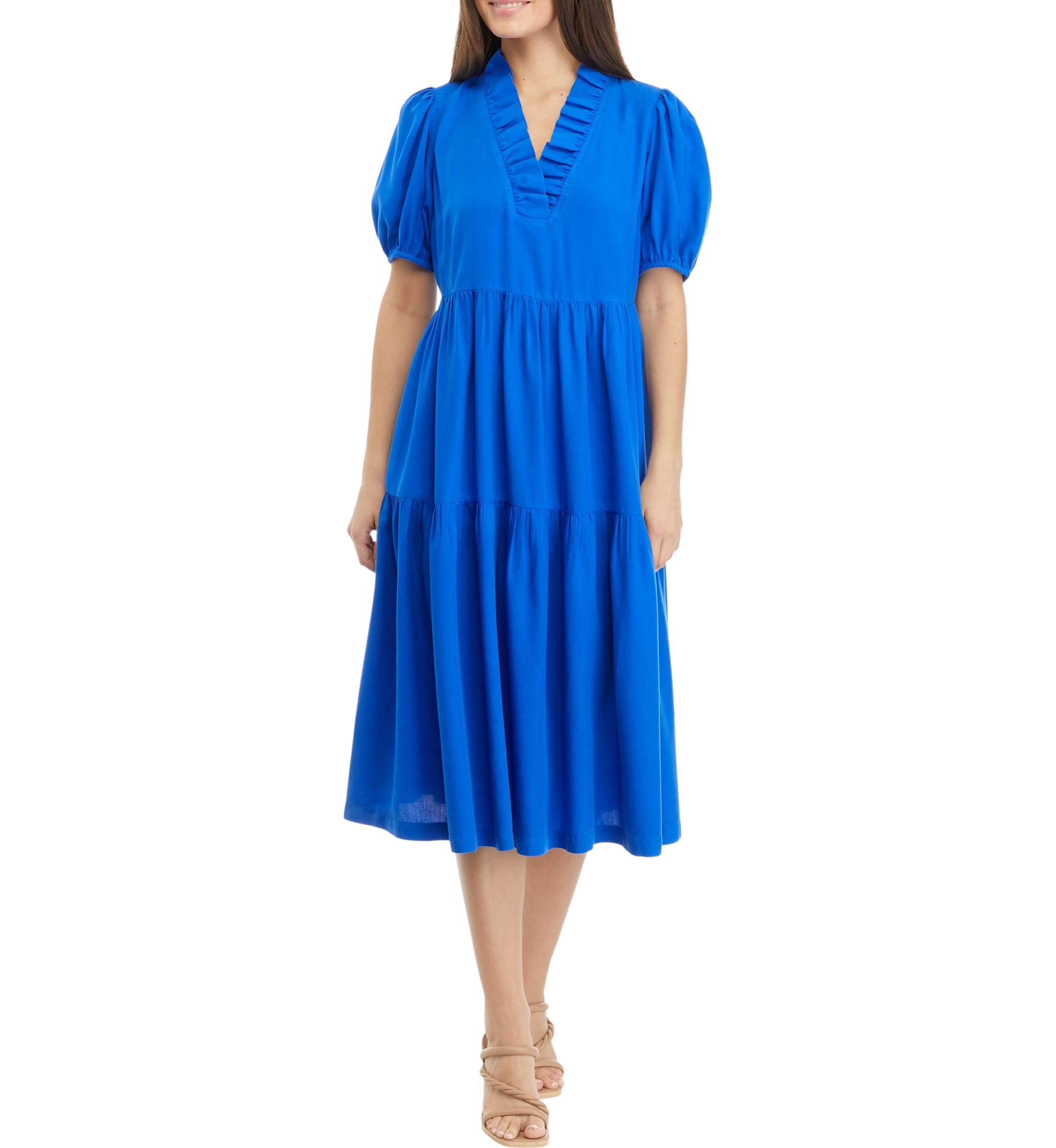 Petite Short Sleeve Midi Ruffle Neck Dress