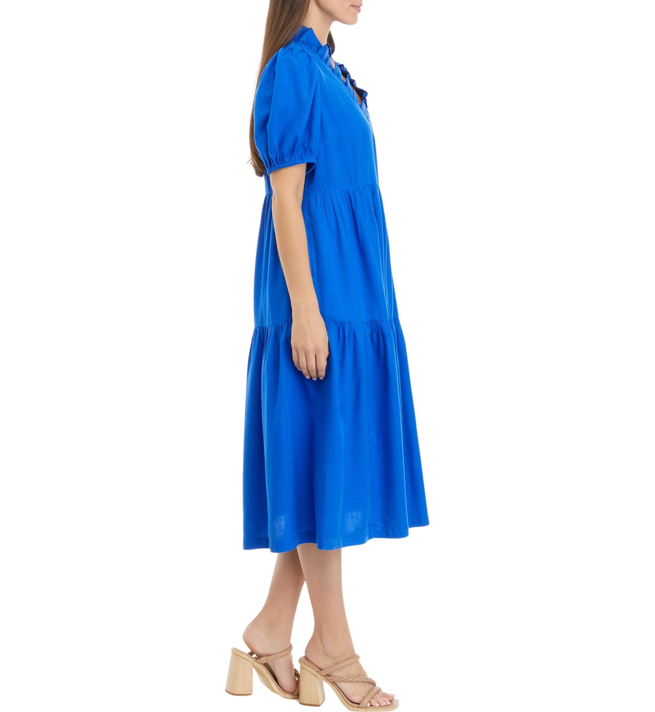 Petite Short Sleeve Midi Ruffle Neck Dress