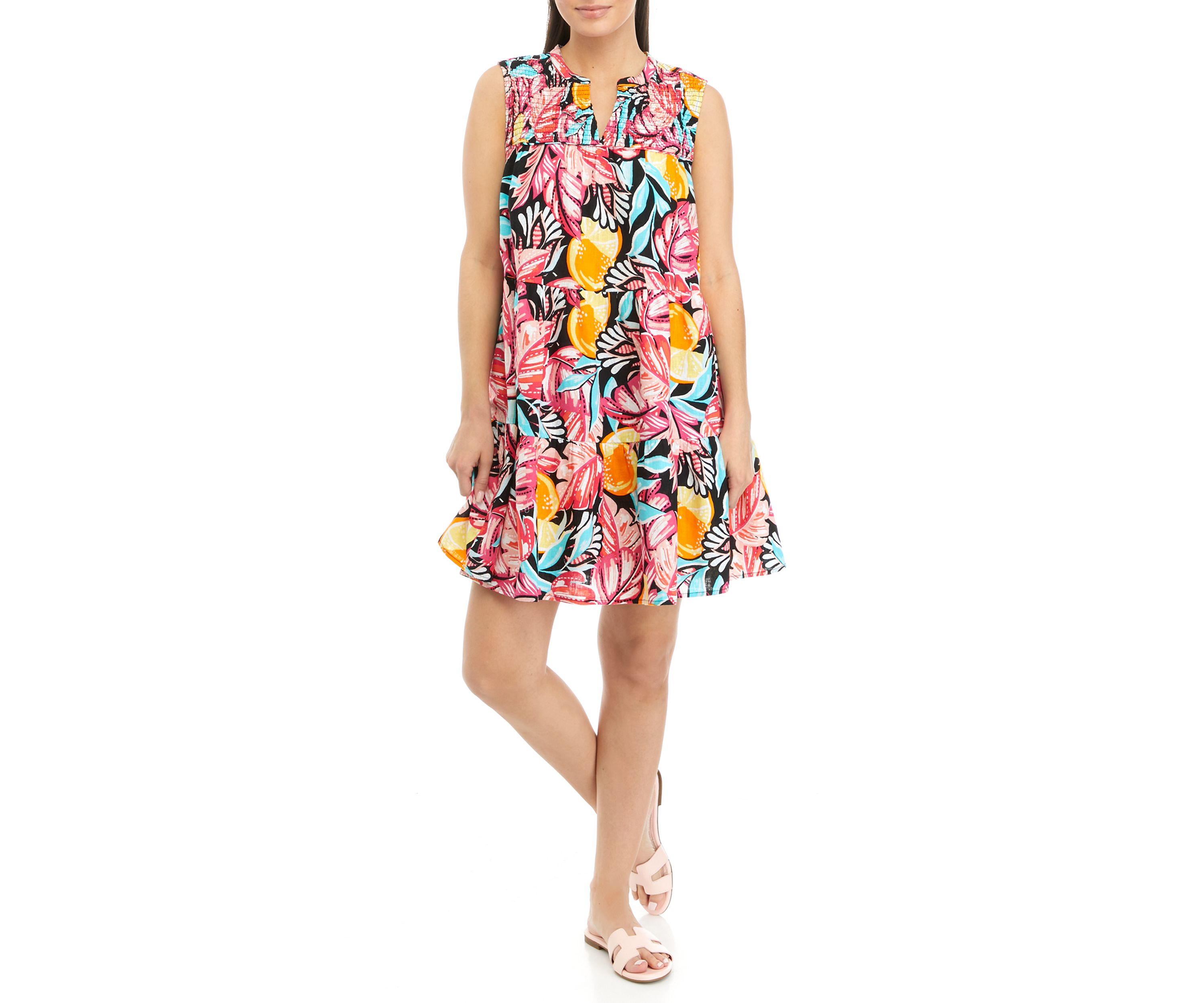 Petite Sleeveless Printed Smocked Peasant Dress