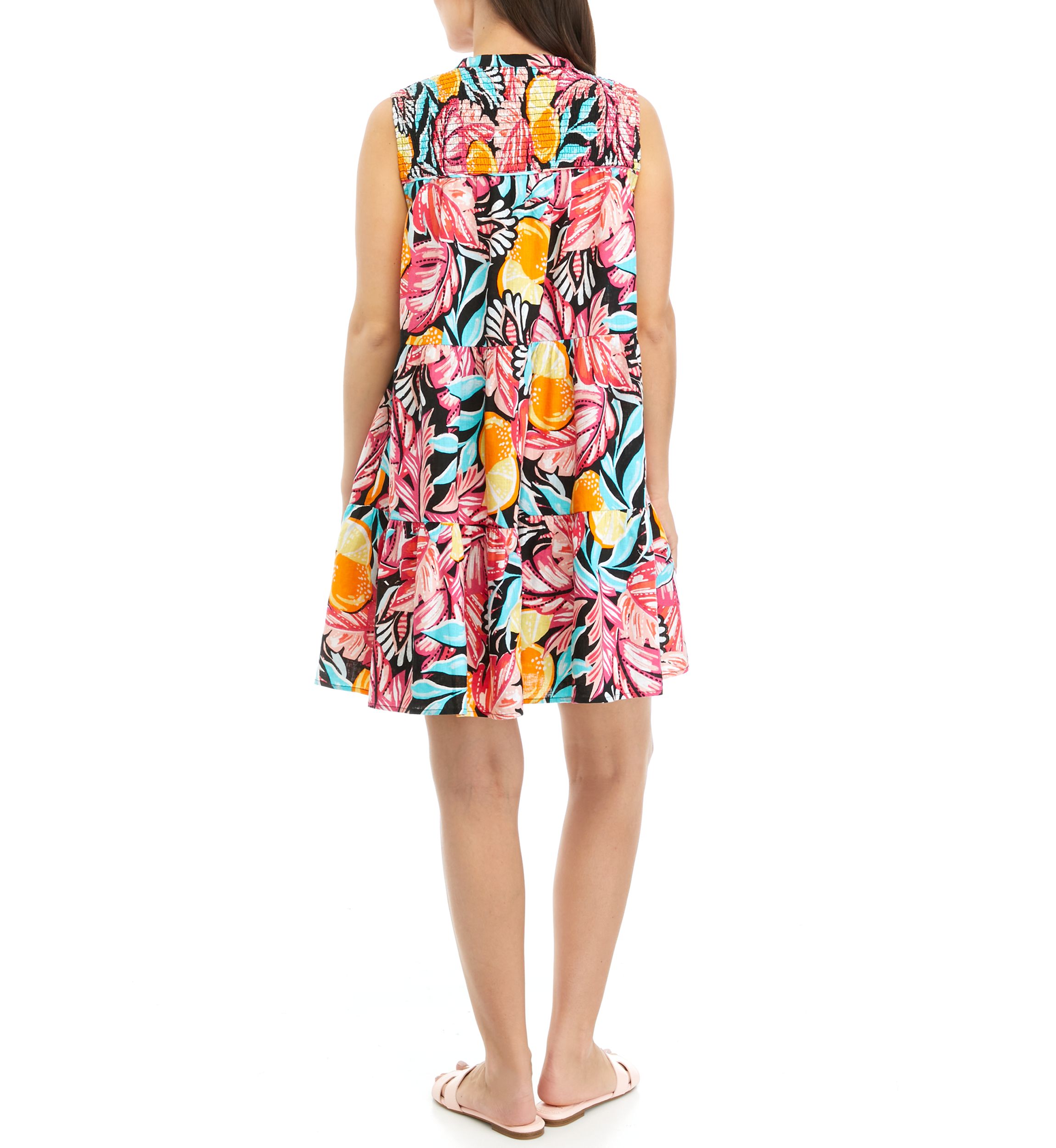 Petite Sleeveless Printed Smocked Peasant Dress