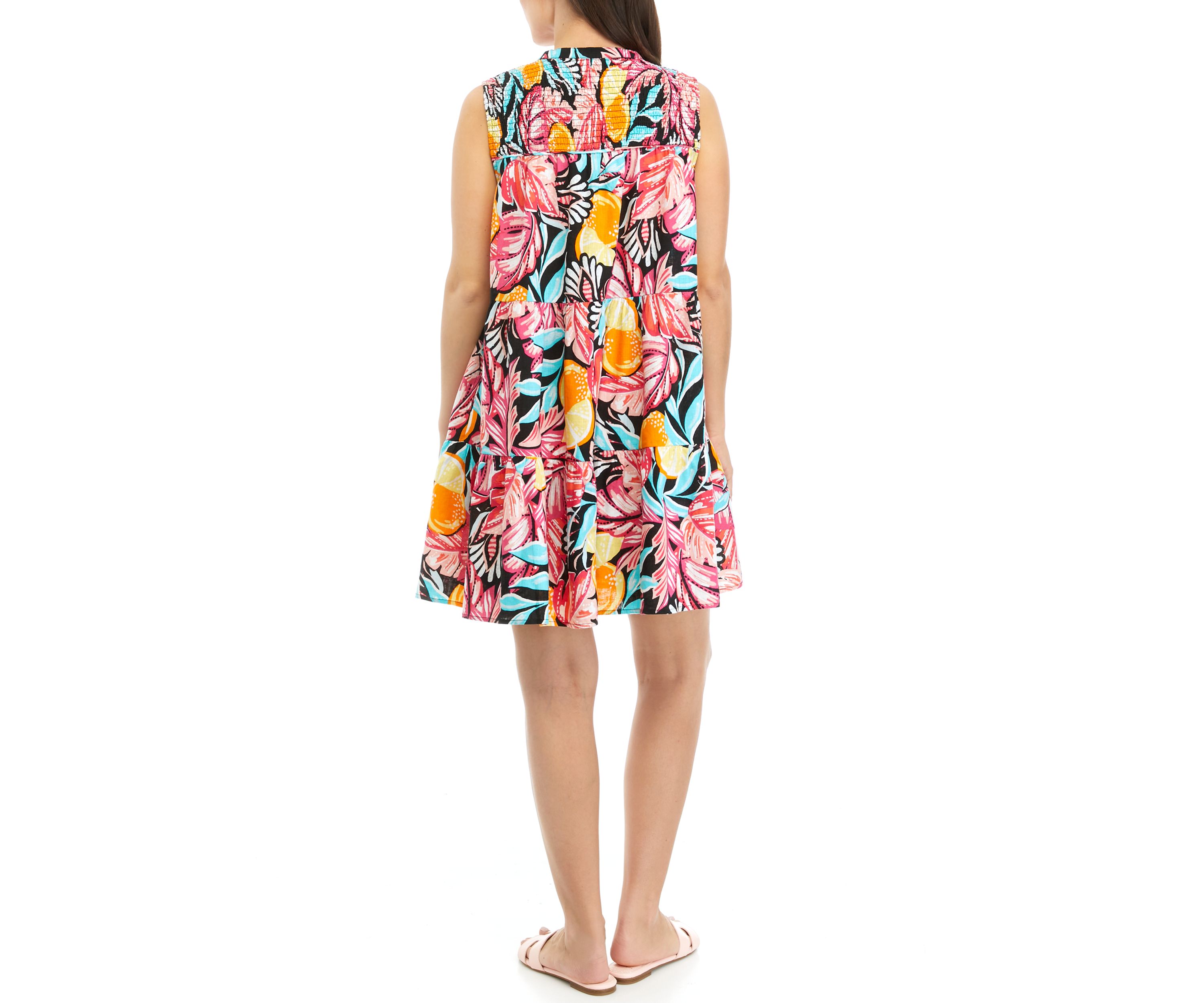 Petite Sleeveless Printed Smocked Peasant Dress