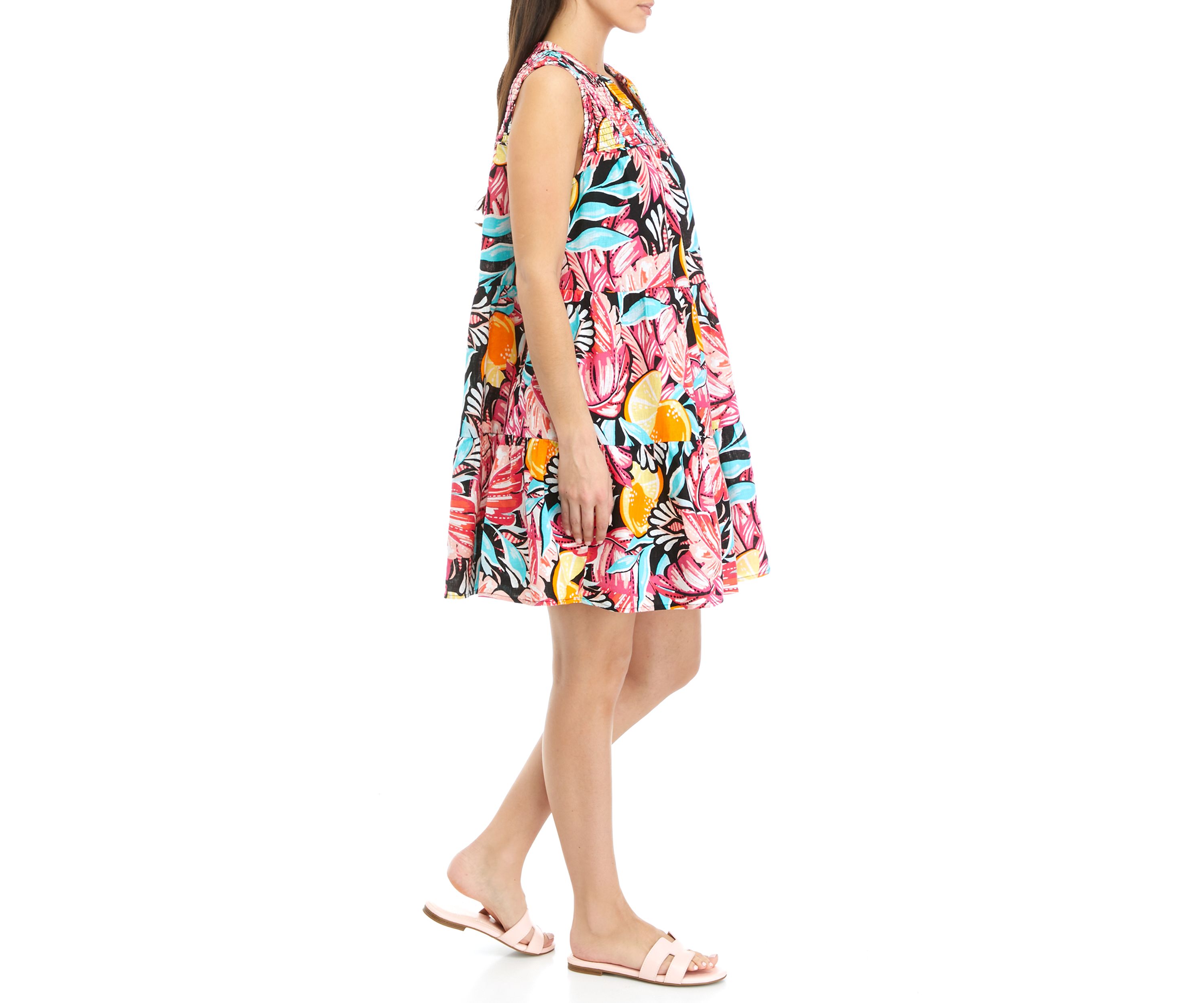 Petite Sleeveless Printed Smocked Peasant Dress