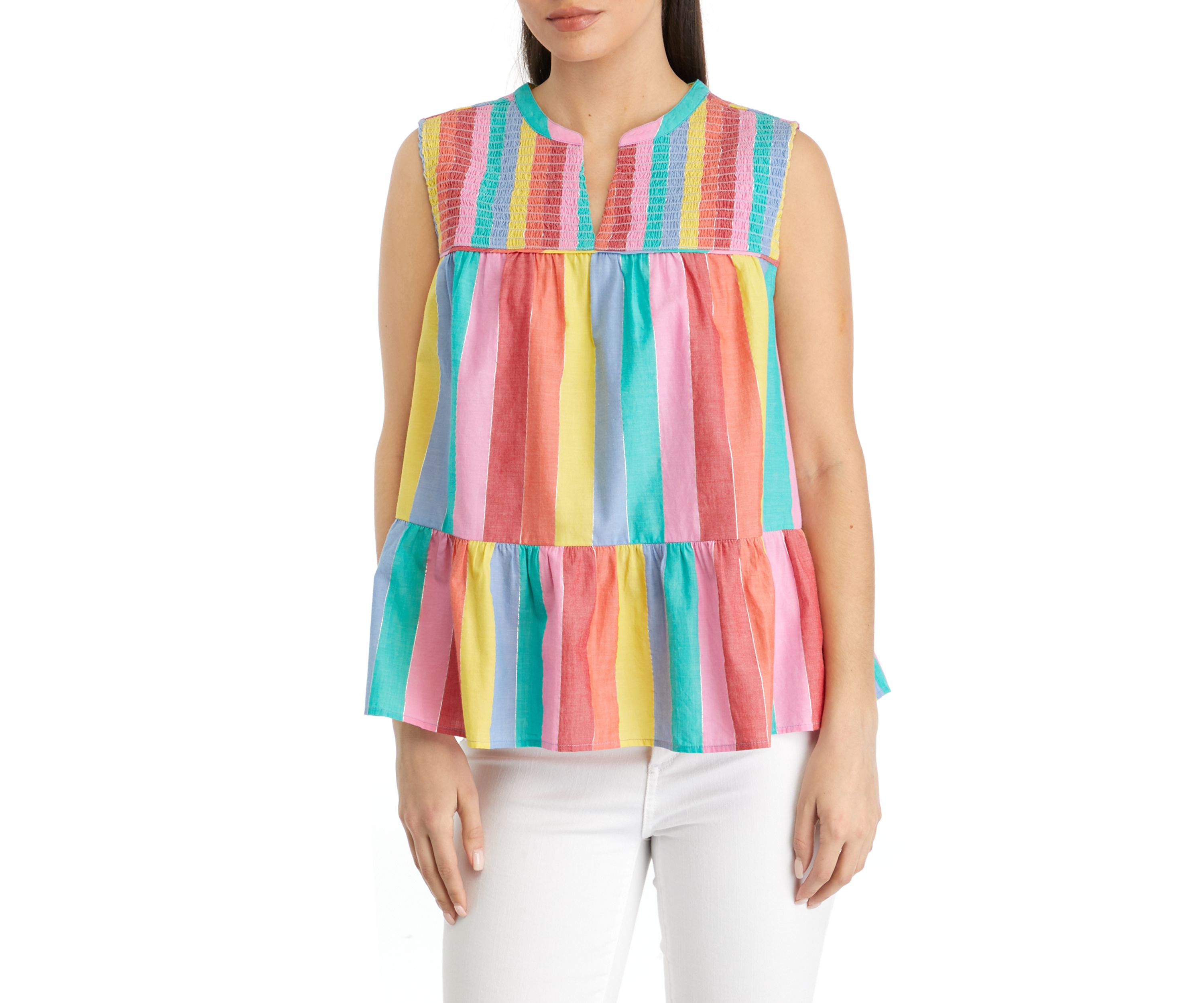 Petite Printed Sleeveless Smocked Peasant Top