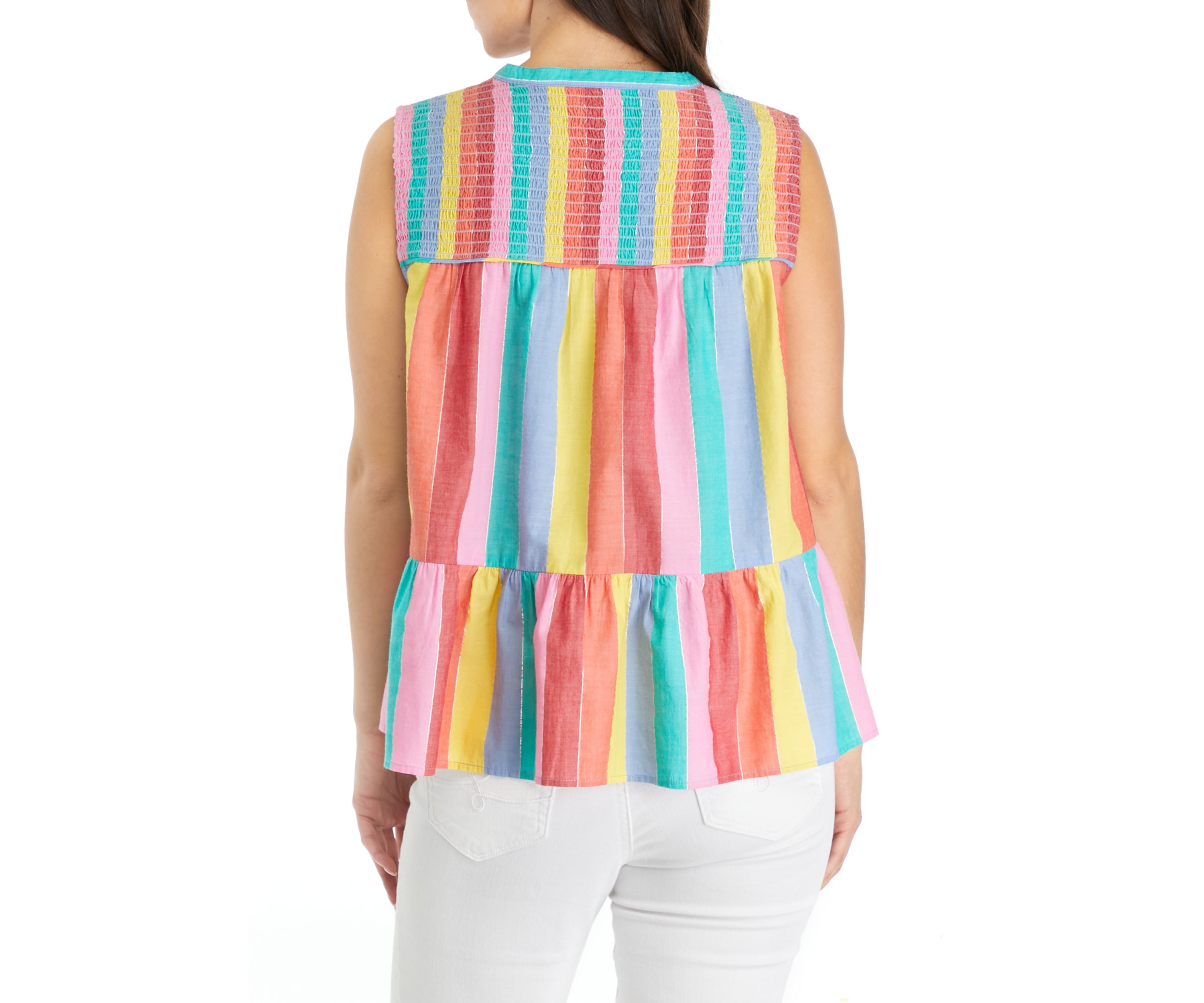 Petite Printed Sleeveless Smocked Peasant Top