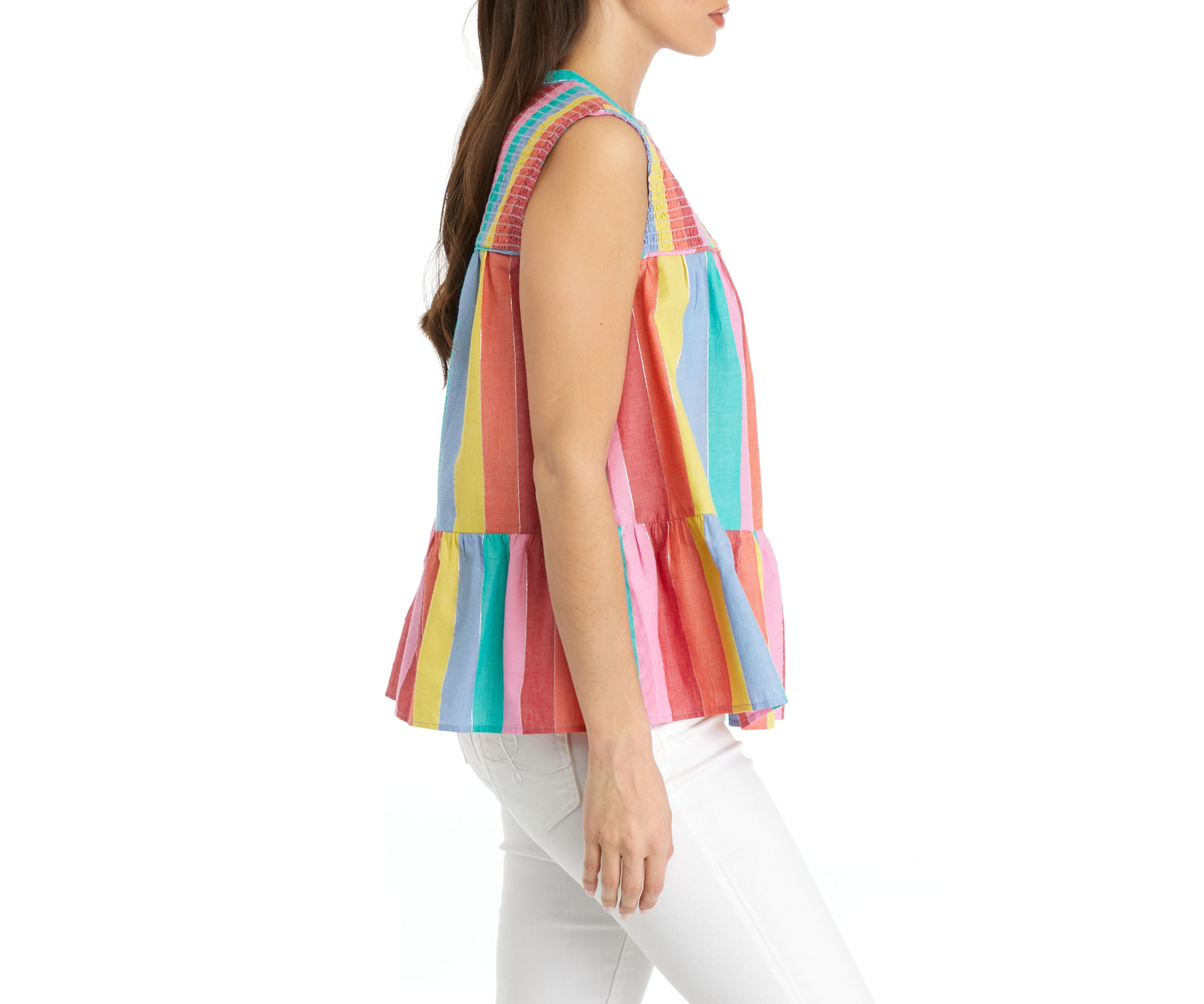 Petite Printed Sleeveless Smocked Peasant Top
