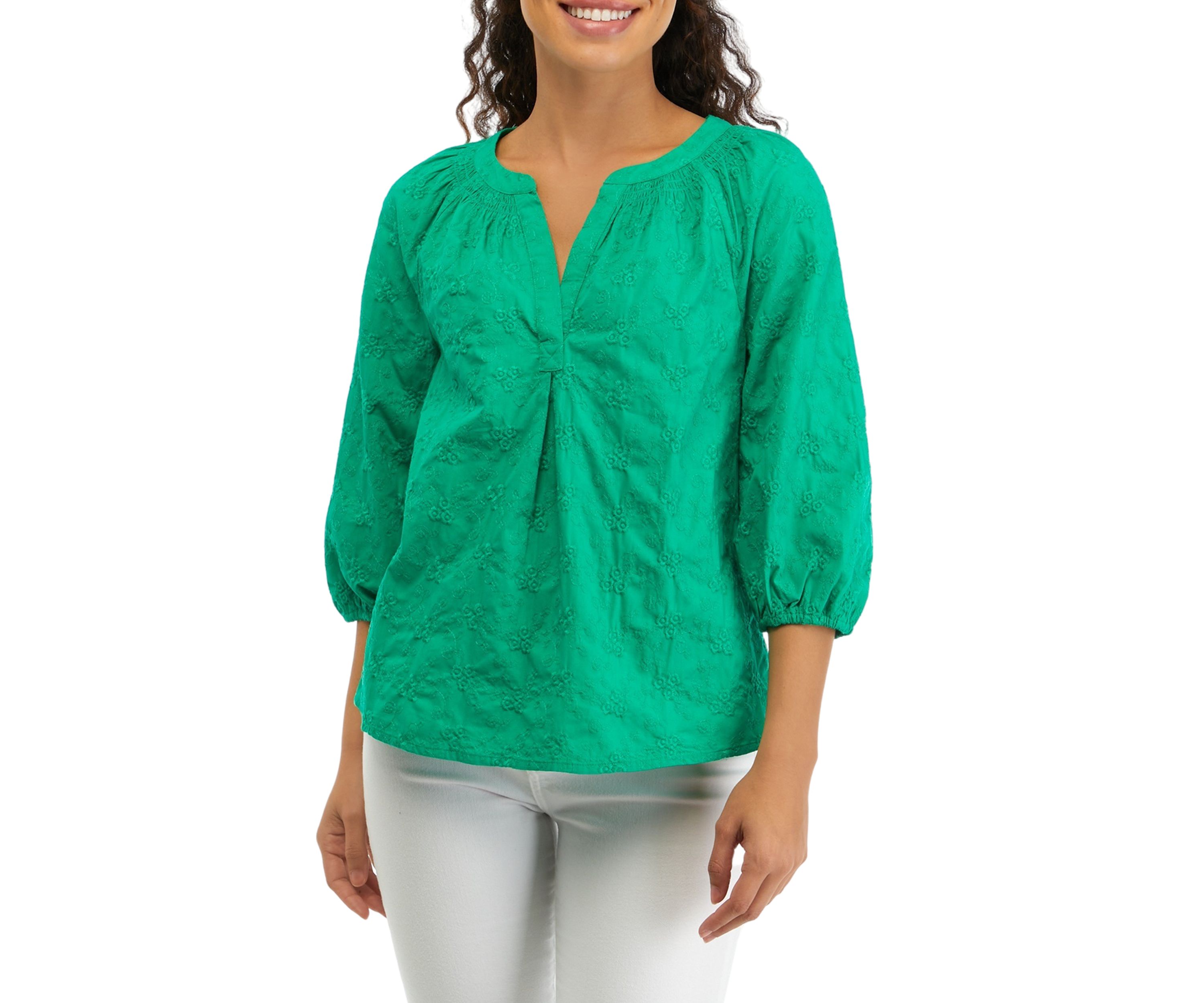 Petite 3/4 Sleeve Embroidered Peasant Top 