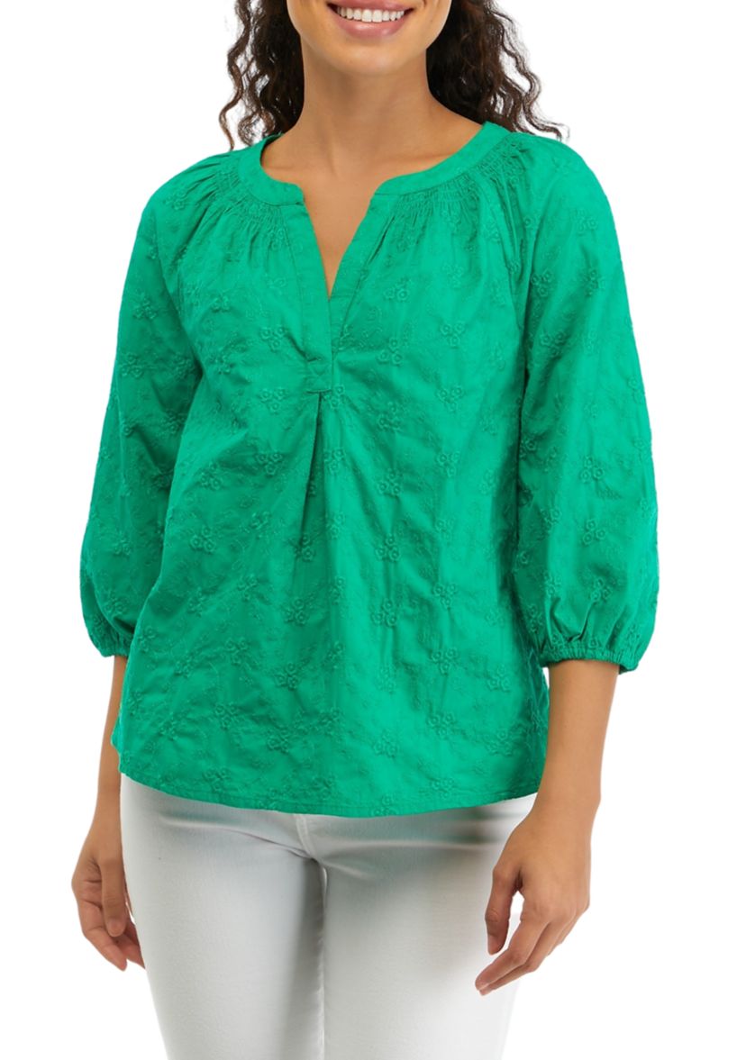 Petite 3/4 Sleeve Embroidered Peasant Top 