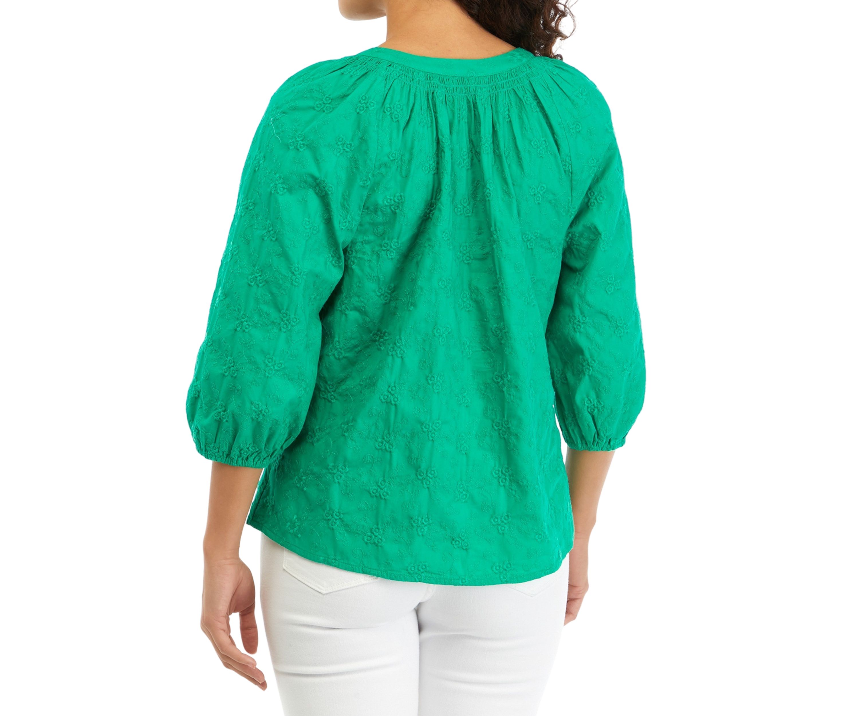 Petite 3/4 Sleeve Embroidered Peasant Top 
