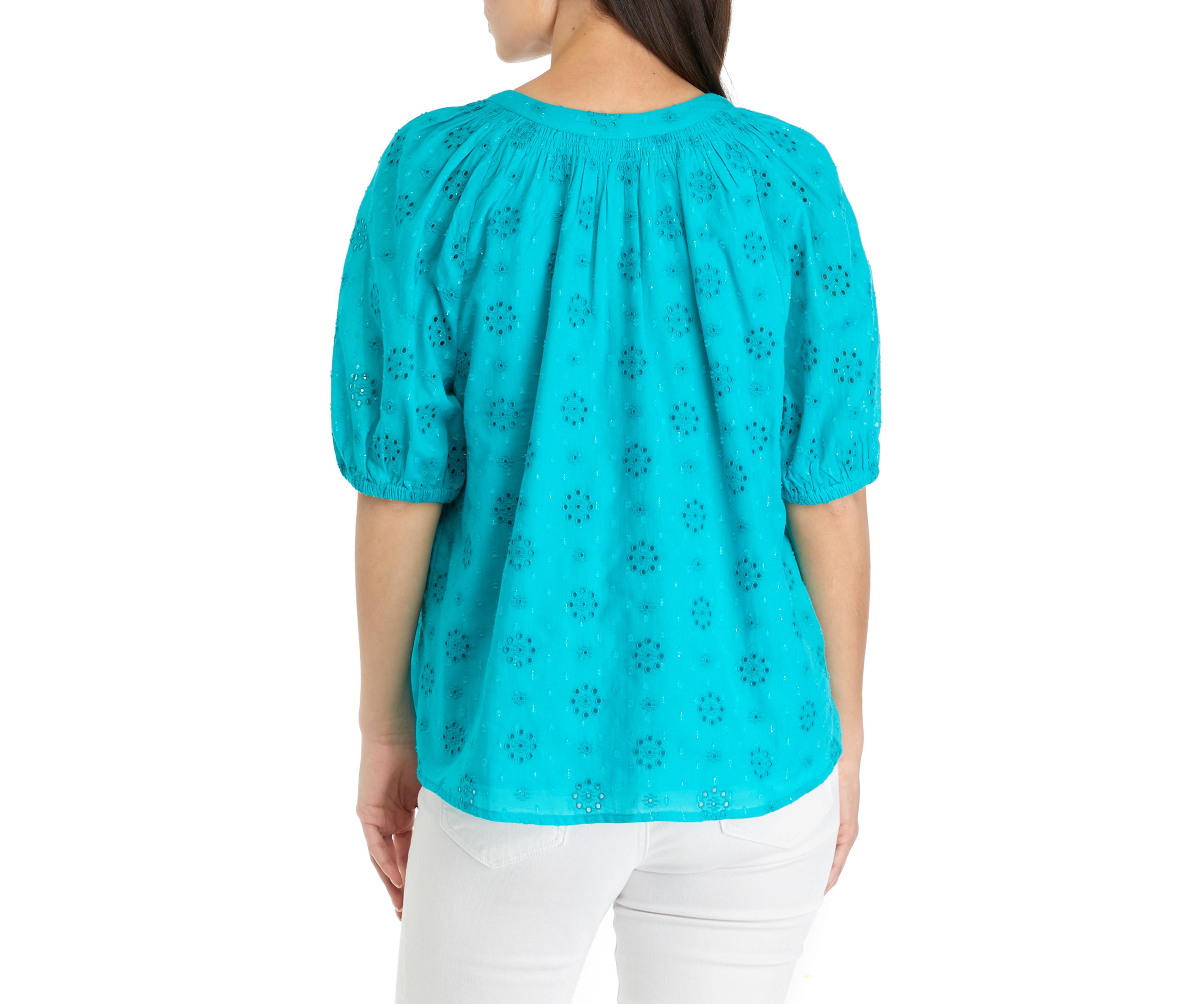 Petite Short Puff Sleeve Eyelet Peasant Top