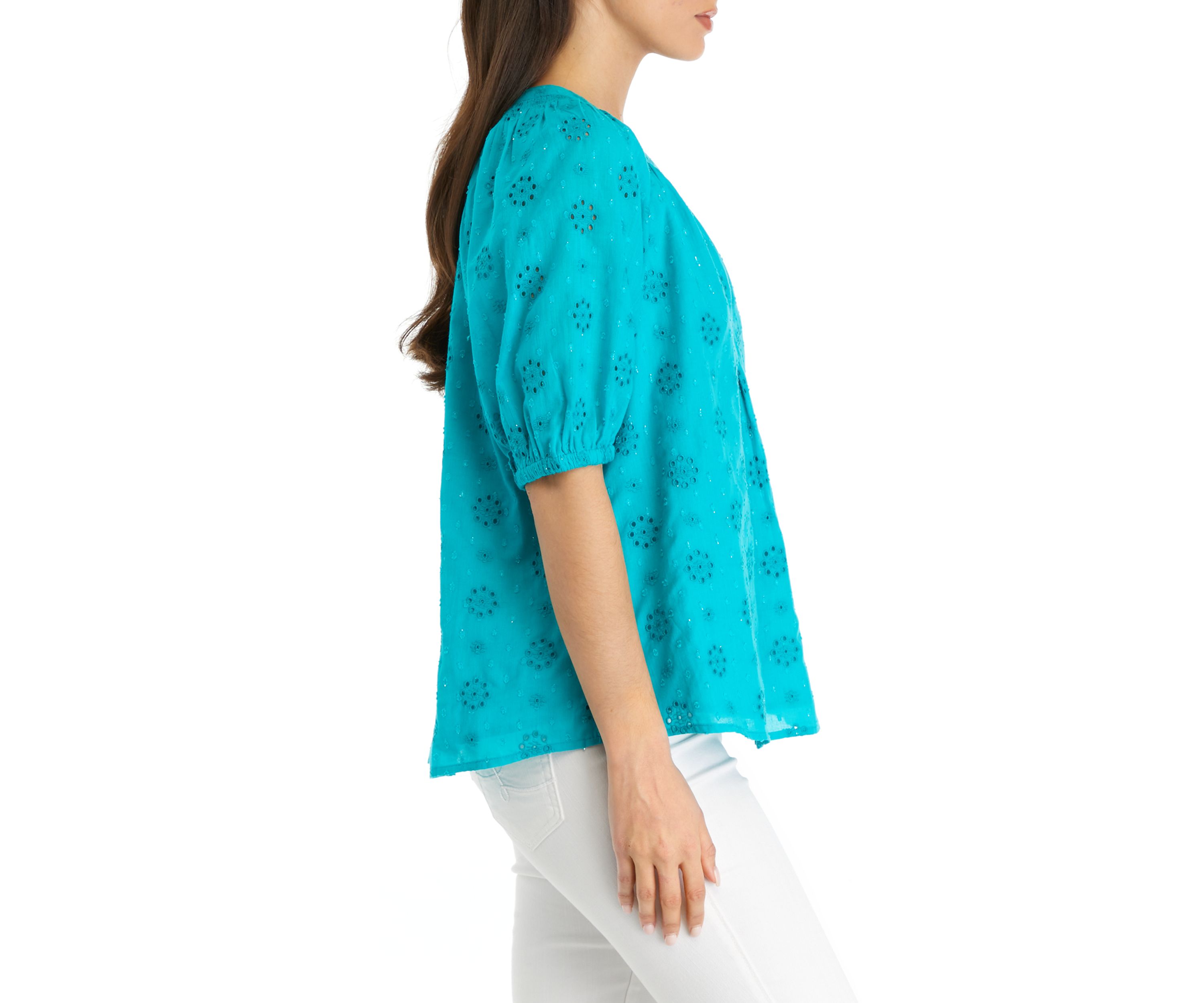 Petite Short Puff Sleeve Eyelet Peasant Top