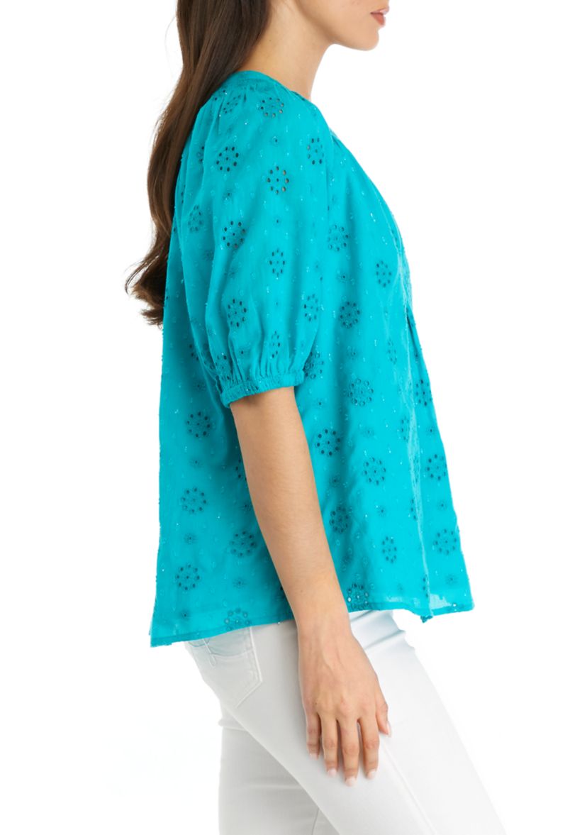 Petite Short Puff Sleeve Eyelet Peasant Top