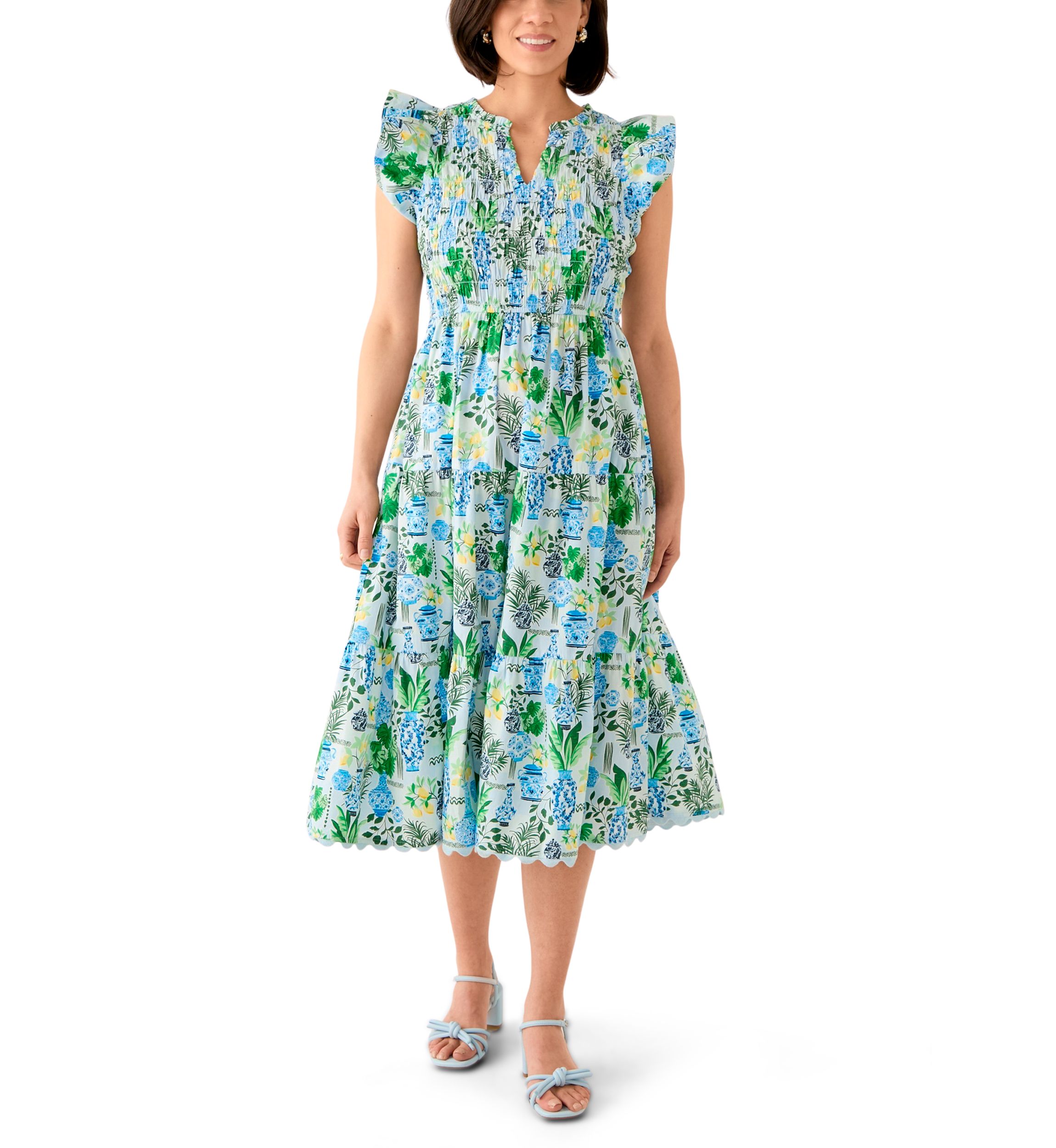 Petite Short Sleeve Smock Split Neck Dress