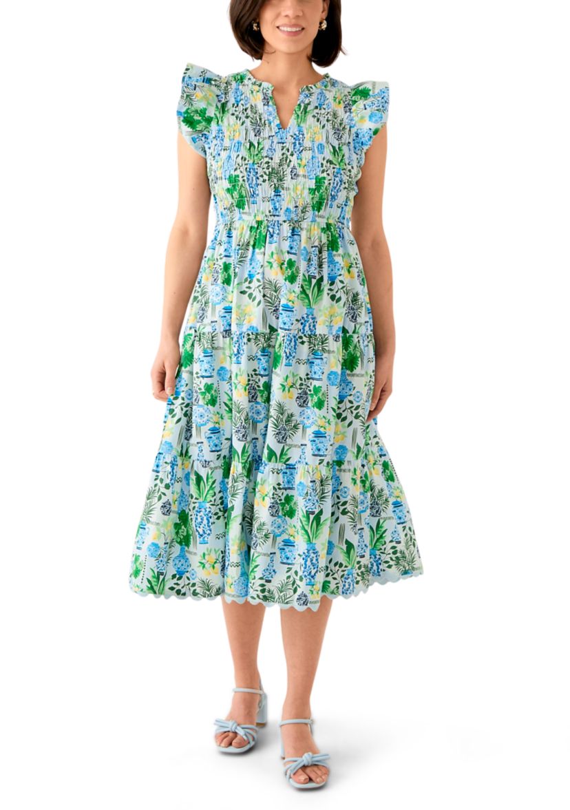 Petite Short Sleeve Smock Split Neck Dress