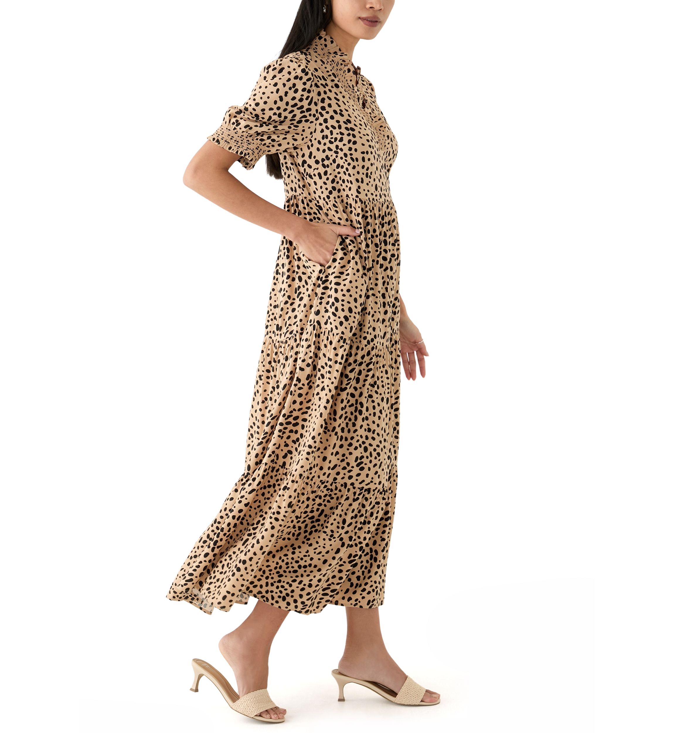 Petite Puff Sleeve Ruffle Neck Dress