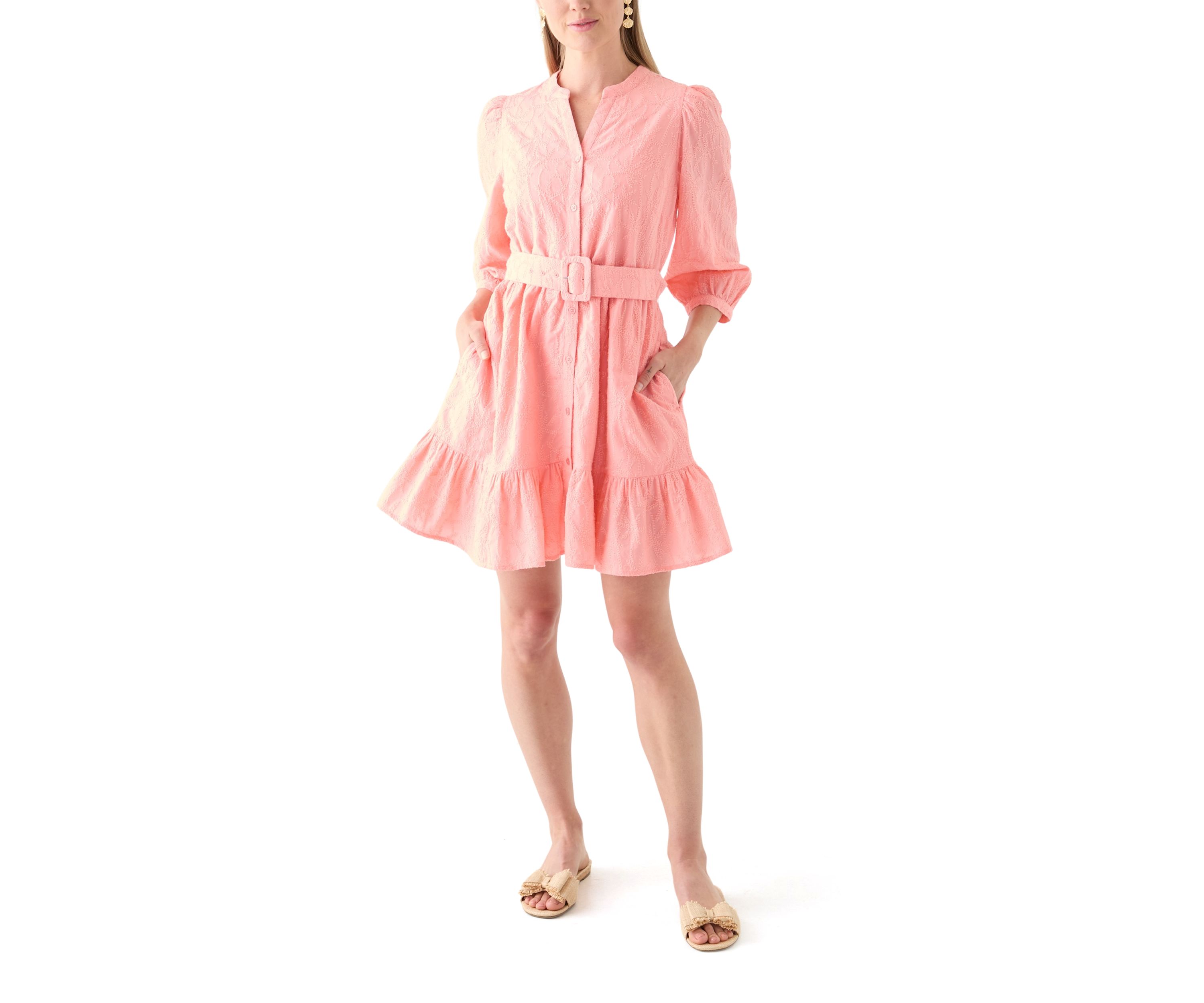 Petite 3/4 Puff Belted Dress