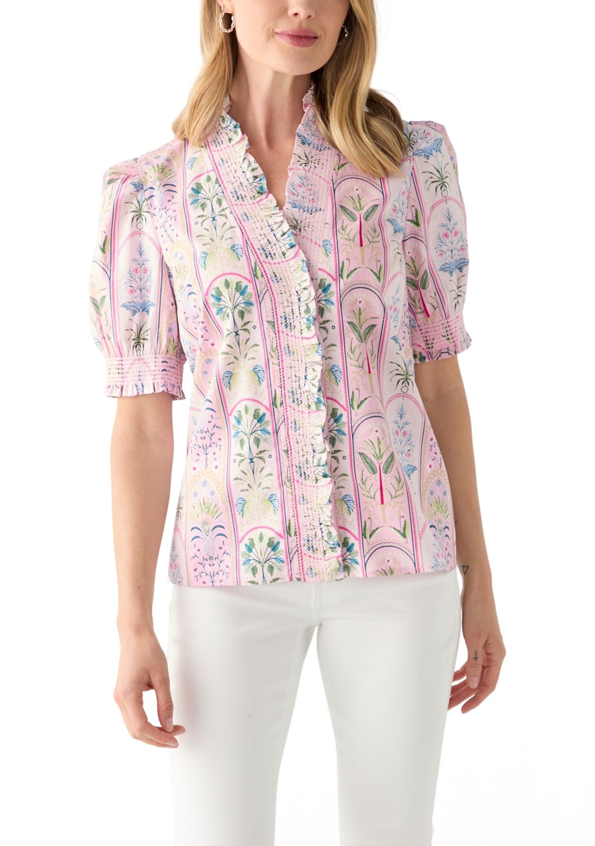 Petite Short Sleeve Smock Ruffle Neck Printed Blouse