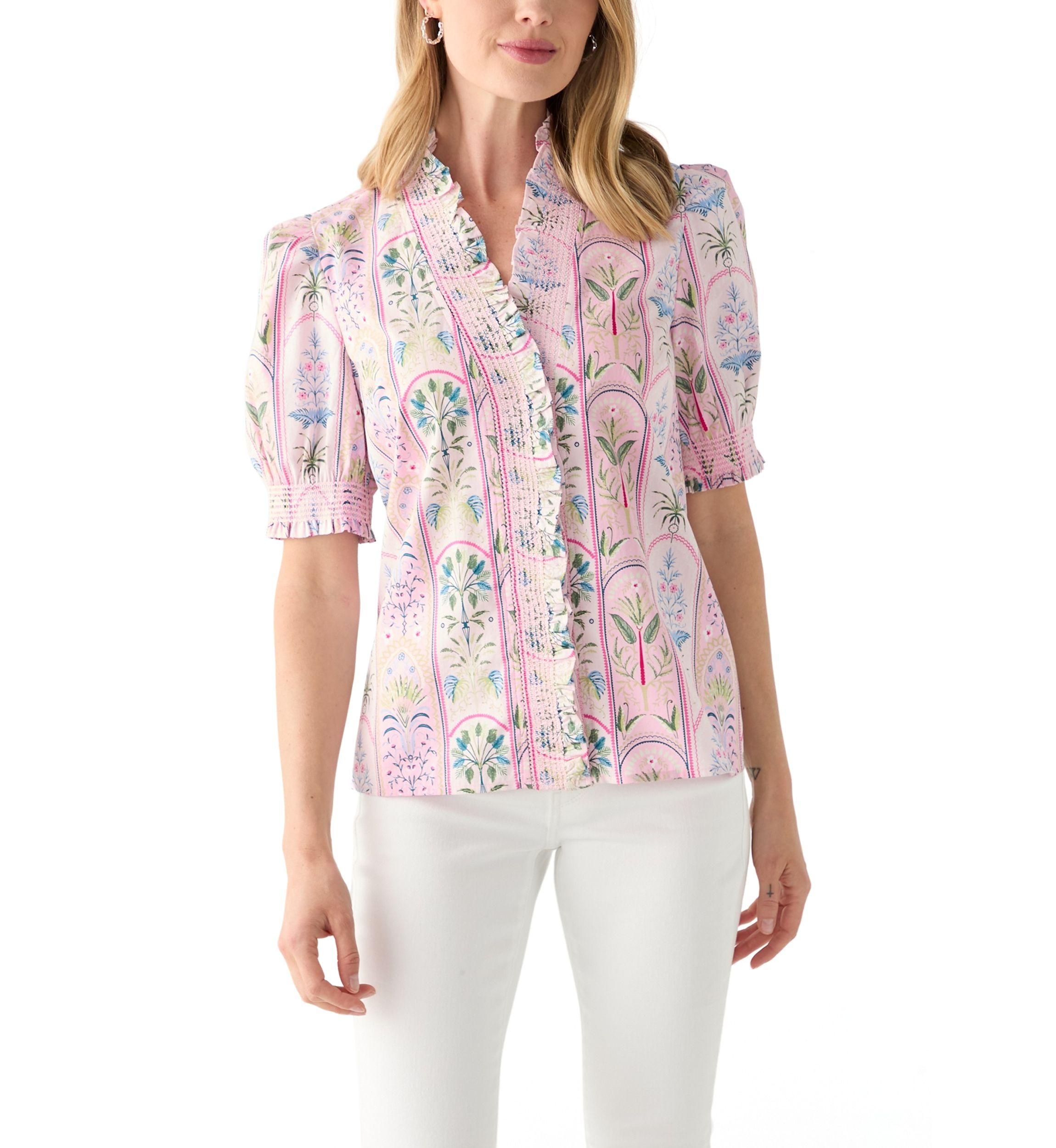 Petite Short Sleeve Smock Ruffle Neck Printed Blouse