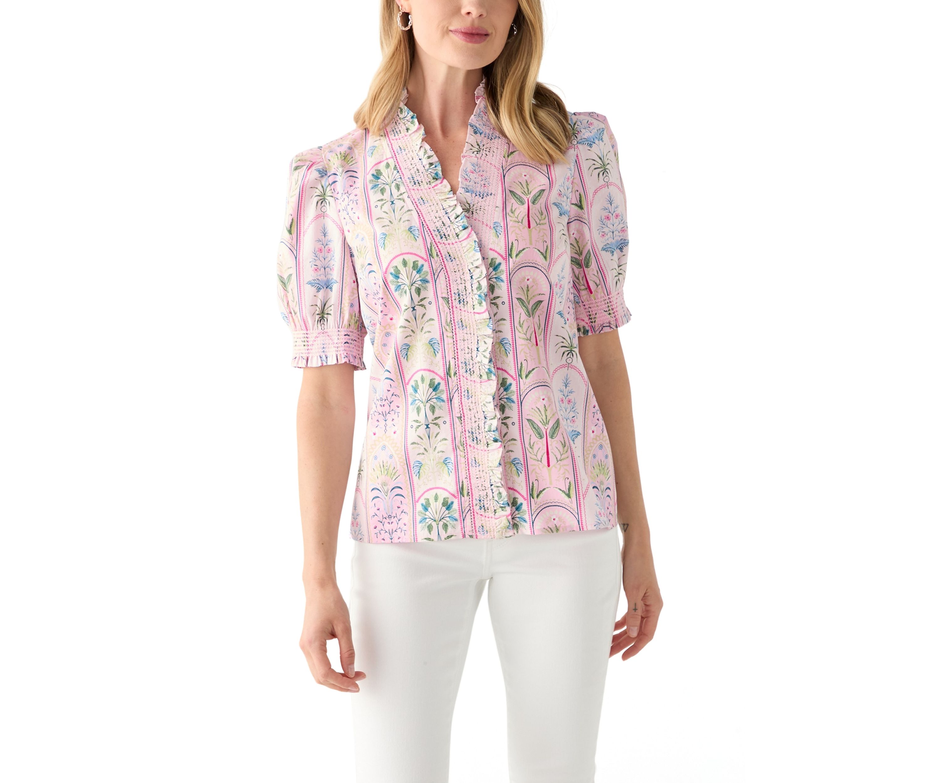 Petite Short Sleeve Smock Ruffle Neck Printed Blouse
