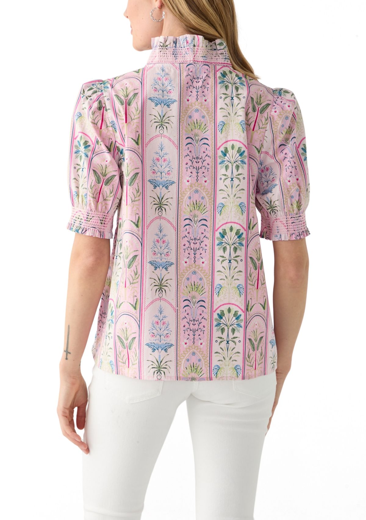 Petite Short Sleeve Smock Ruffle Neck Printed Blouse