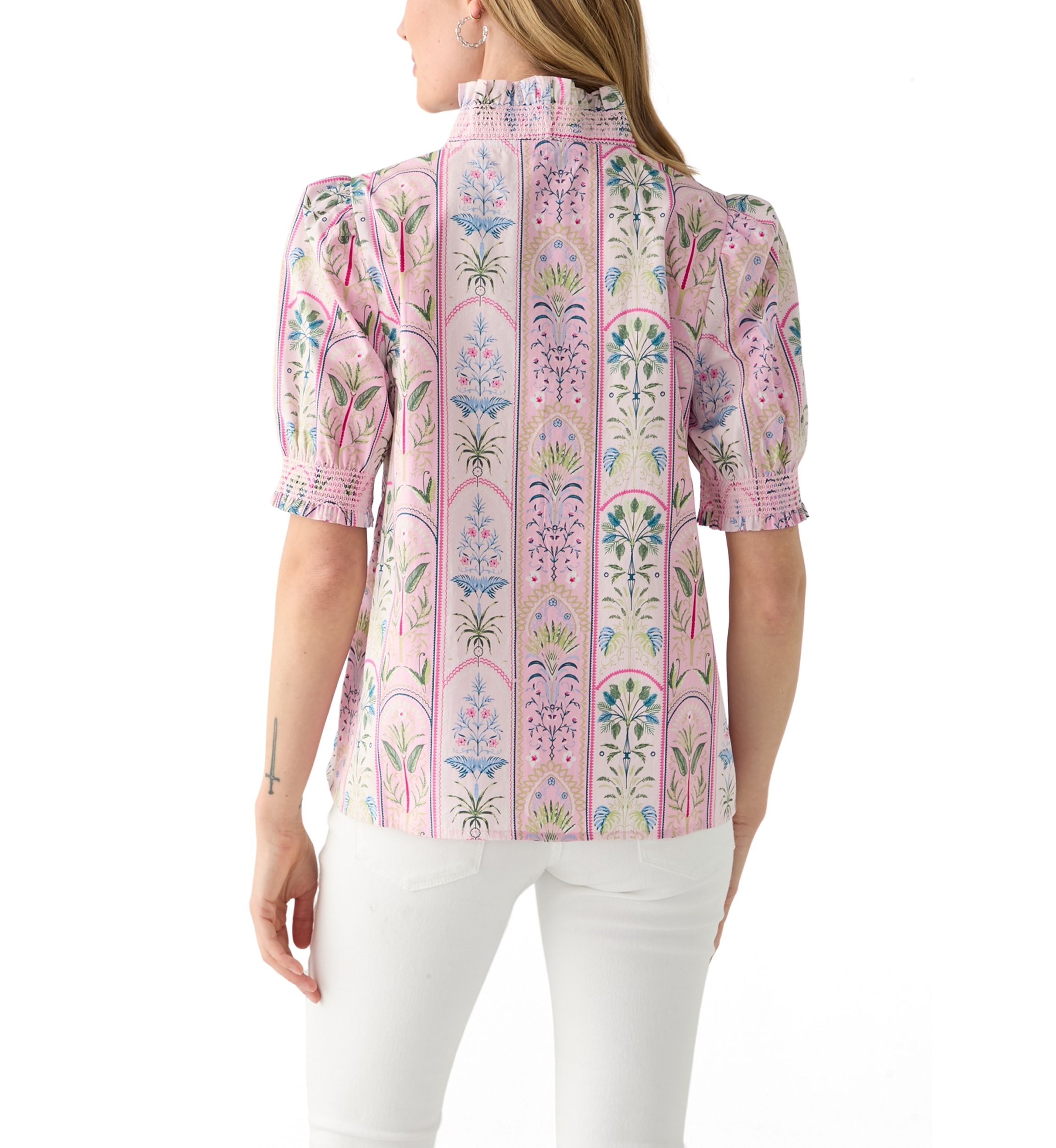 Petite Short Sleeve Smock Ruffle Neck Printed Blouse