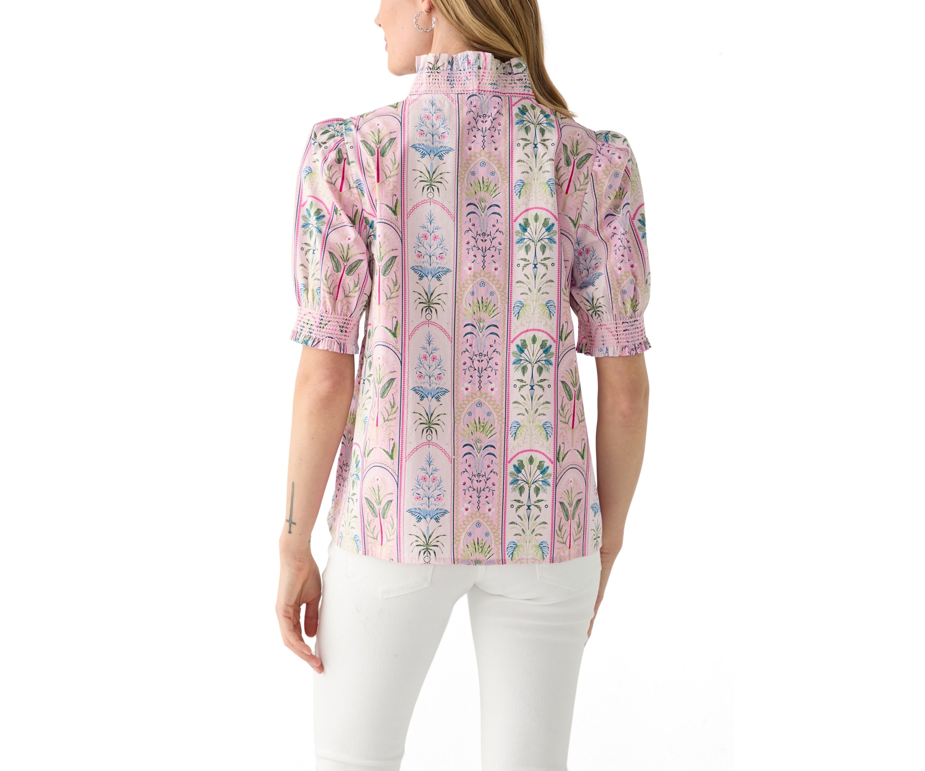 Petite Short Sleeve Smock Ruffle Neck Printed Blouse