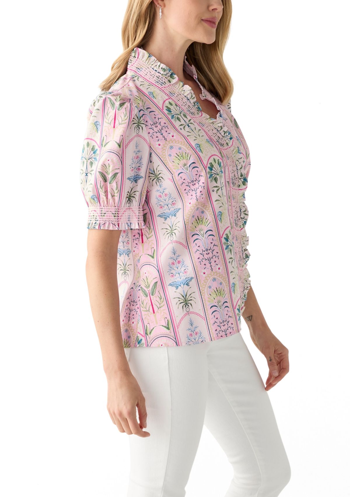 Petite Short Sleeve Smock Ruffle Neck Printed Blouse