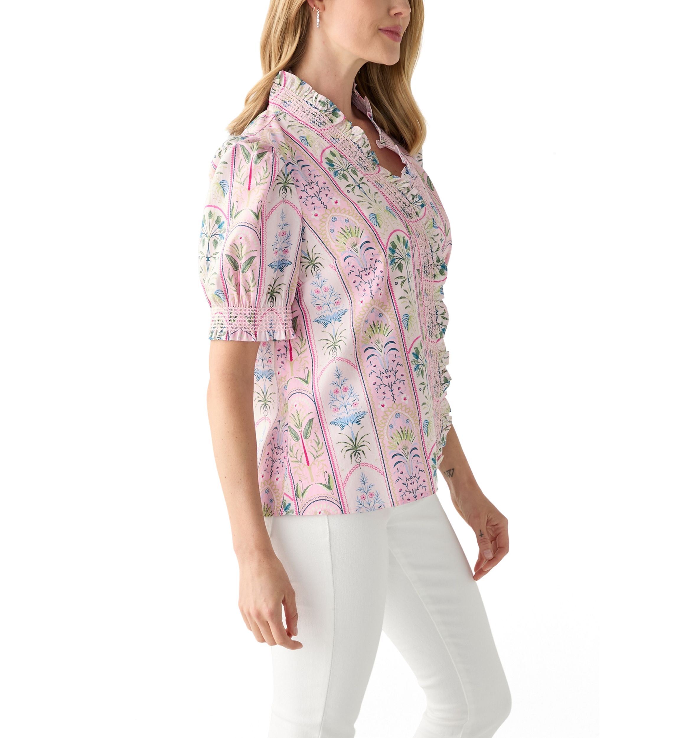 Petite Short Sleeve Smock Ruffle Neck Printed Blouse