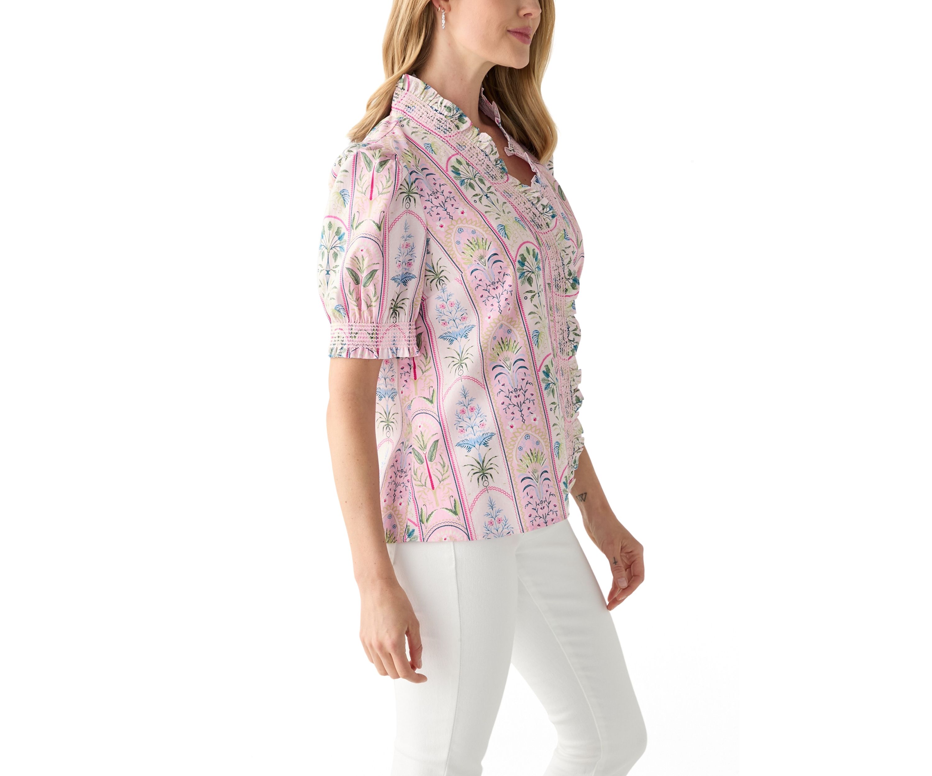 Petite Short Sleeve Smock Ruffle Neck Printed Blouse