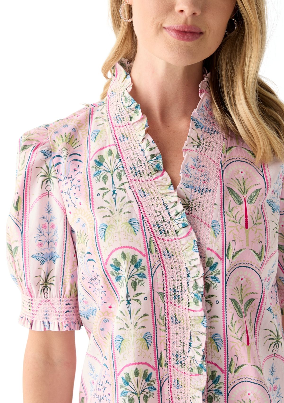 Petite Short Sleeve Smock Ruffle Neck Printed Blouse