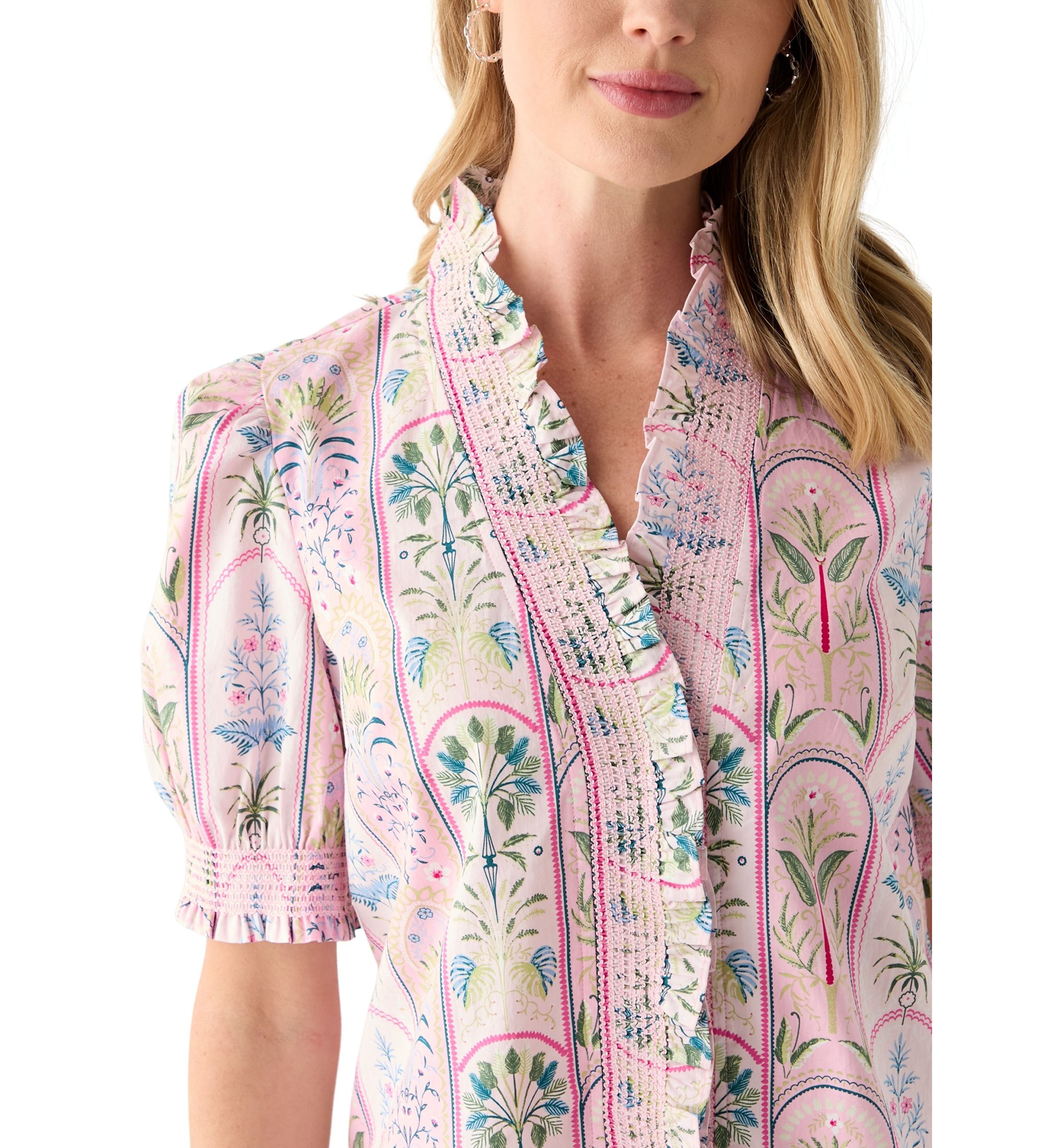 Petite Short Sleeve Smock Ruffle Neck Printed Blouse