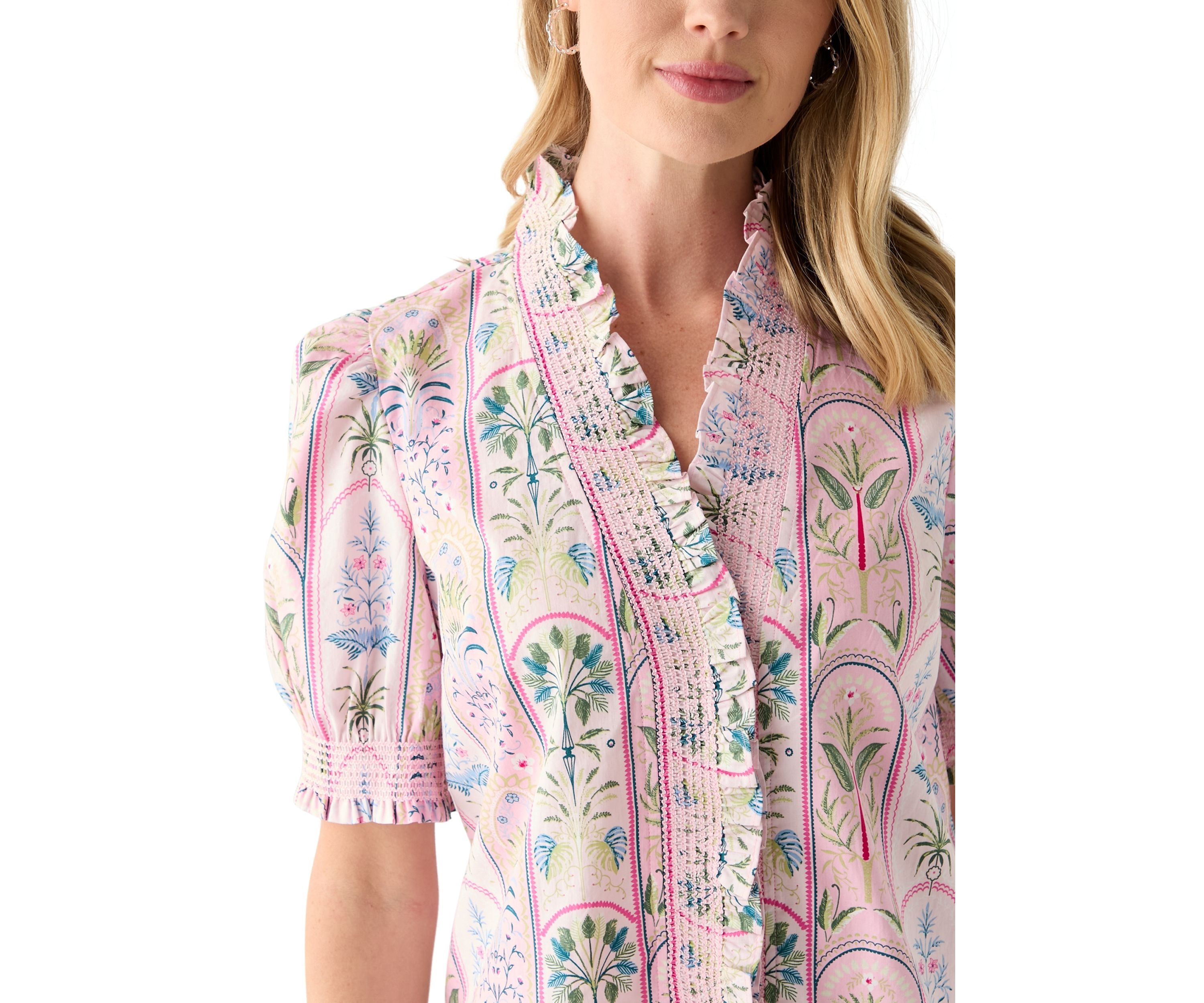 Petite Short Sleeve Smock Ruffle Neck Printed Blouse