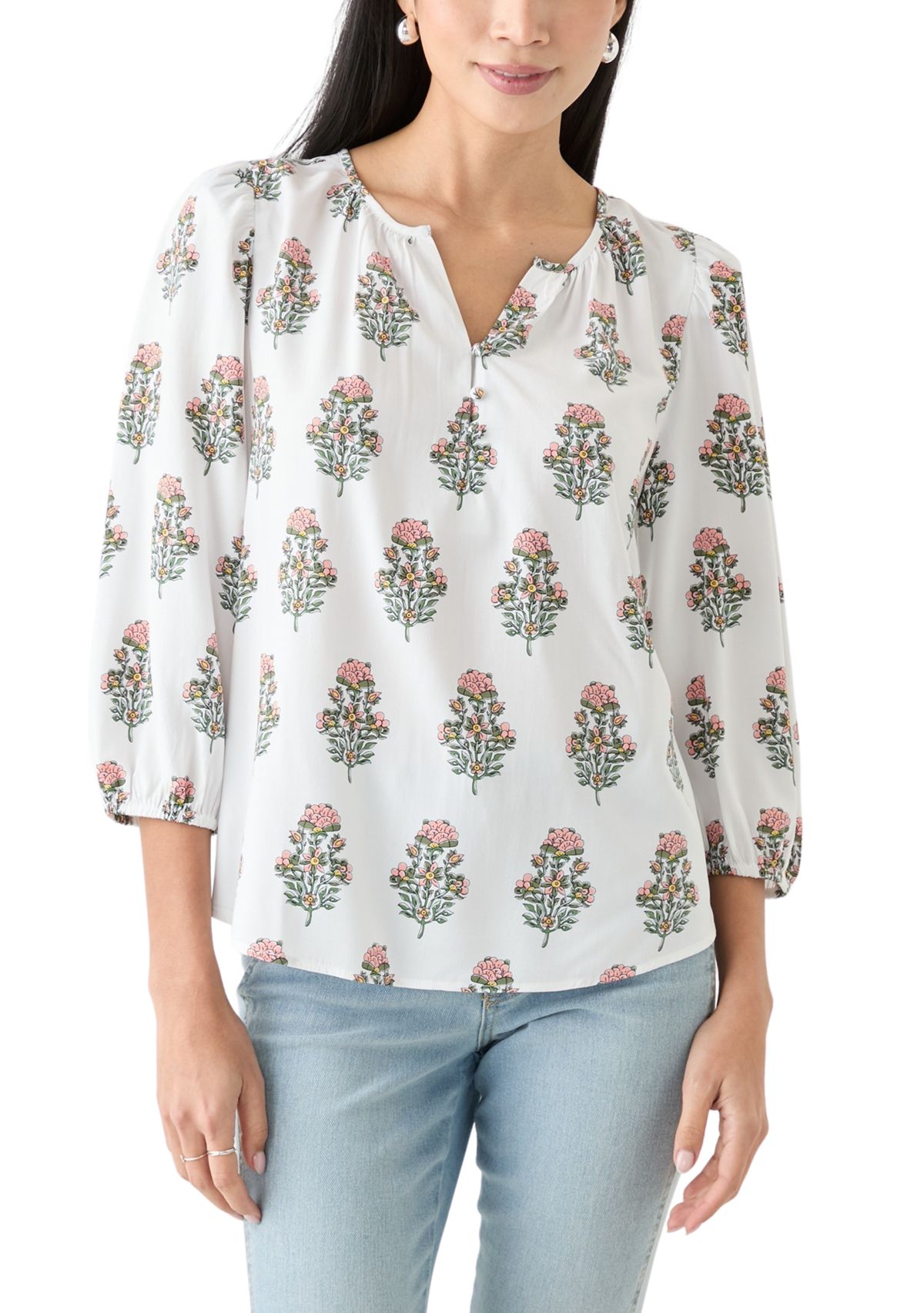 Petite 3/4 Puff Sleeve Button Front Peasant Blouse