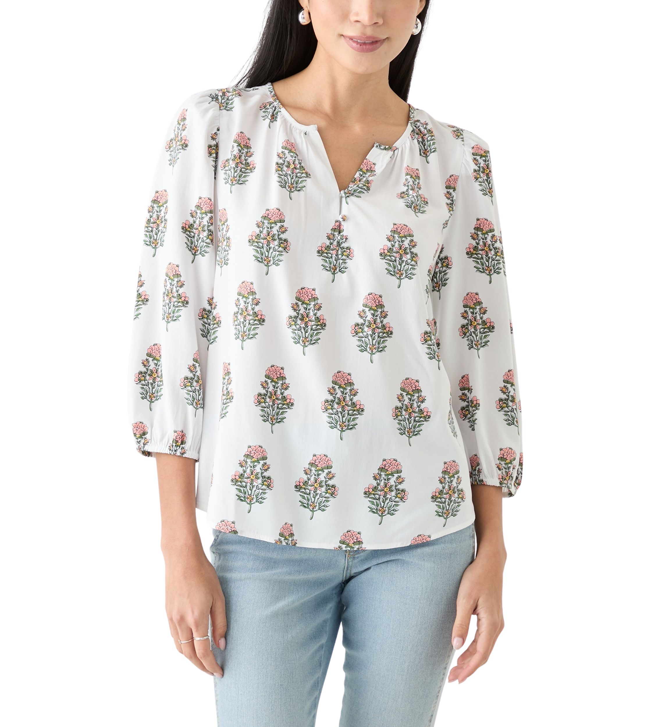 Petite 3/4 Puff Sleeve Button Front Peasant Blouse