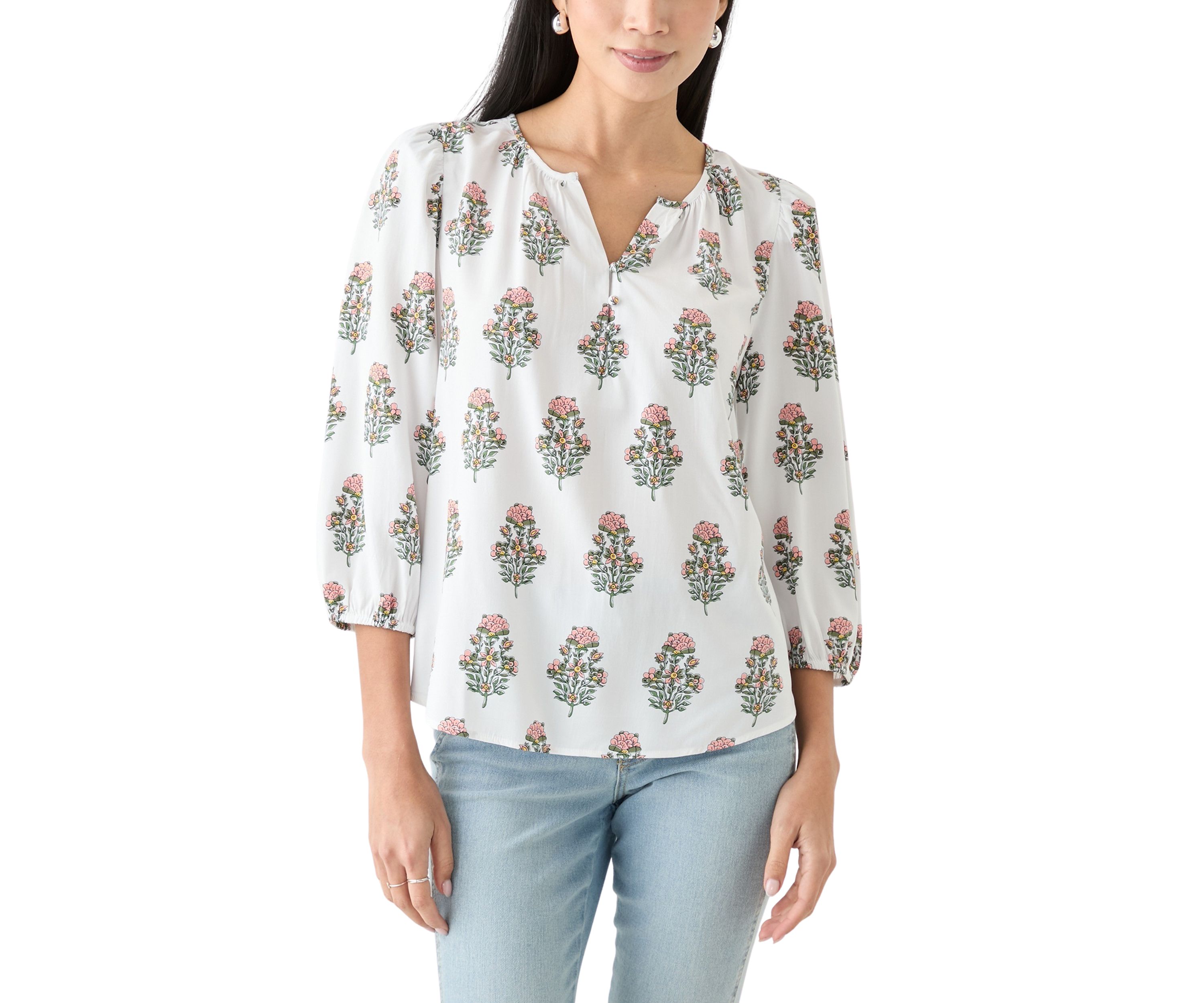 Petite 3/4 Puff Sleeve Button Front Peasant Blouse