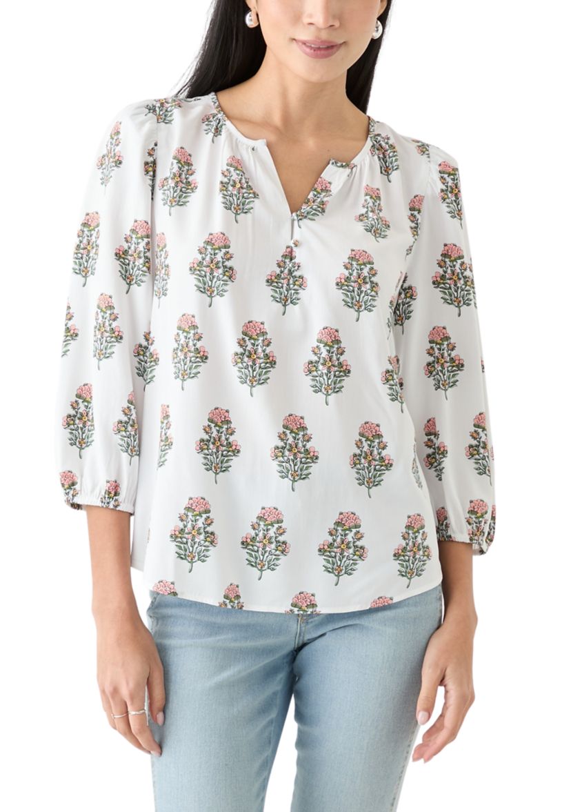 Petite 3/4 Puff Sleeve Button Front Peasant Blouse