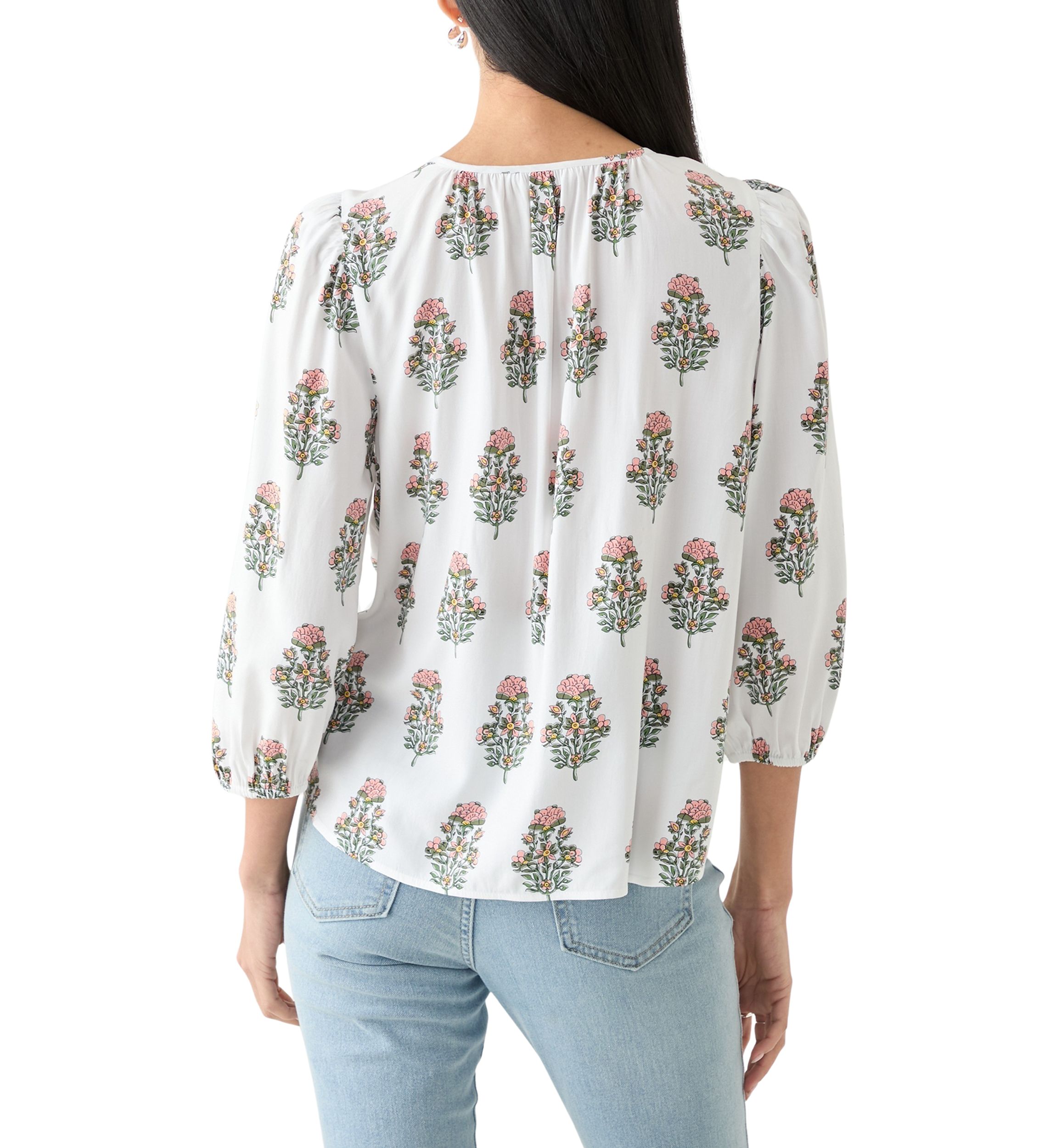 Petite 3/4 Puff Sleeve Button Front Peasant Blouse