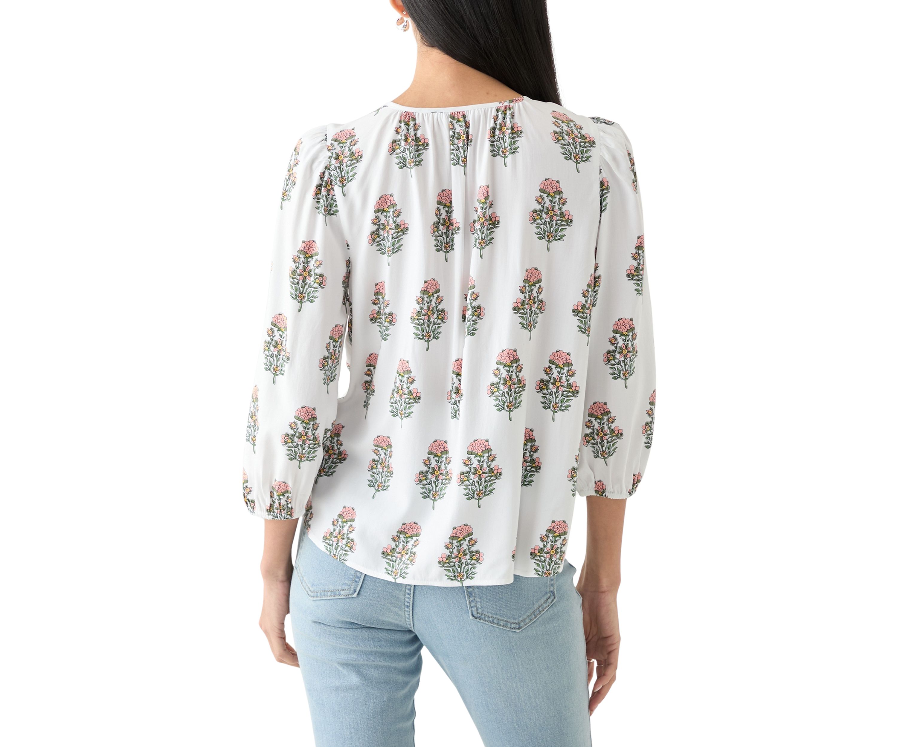 Petite 3/4 Puff Sleeve Button Front Peasant Blouse