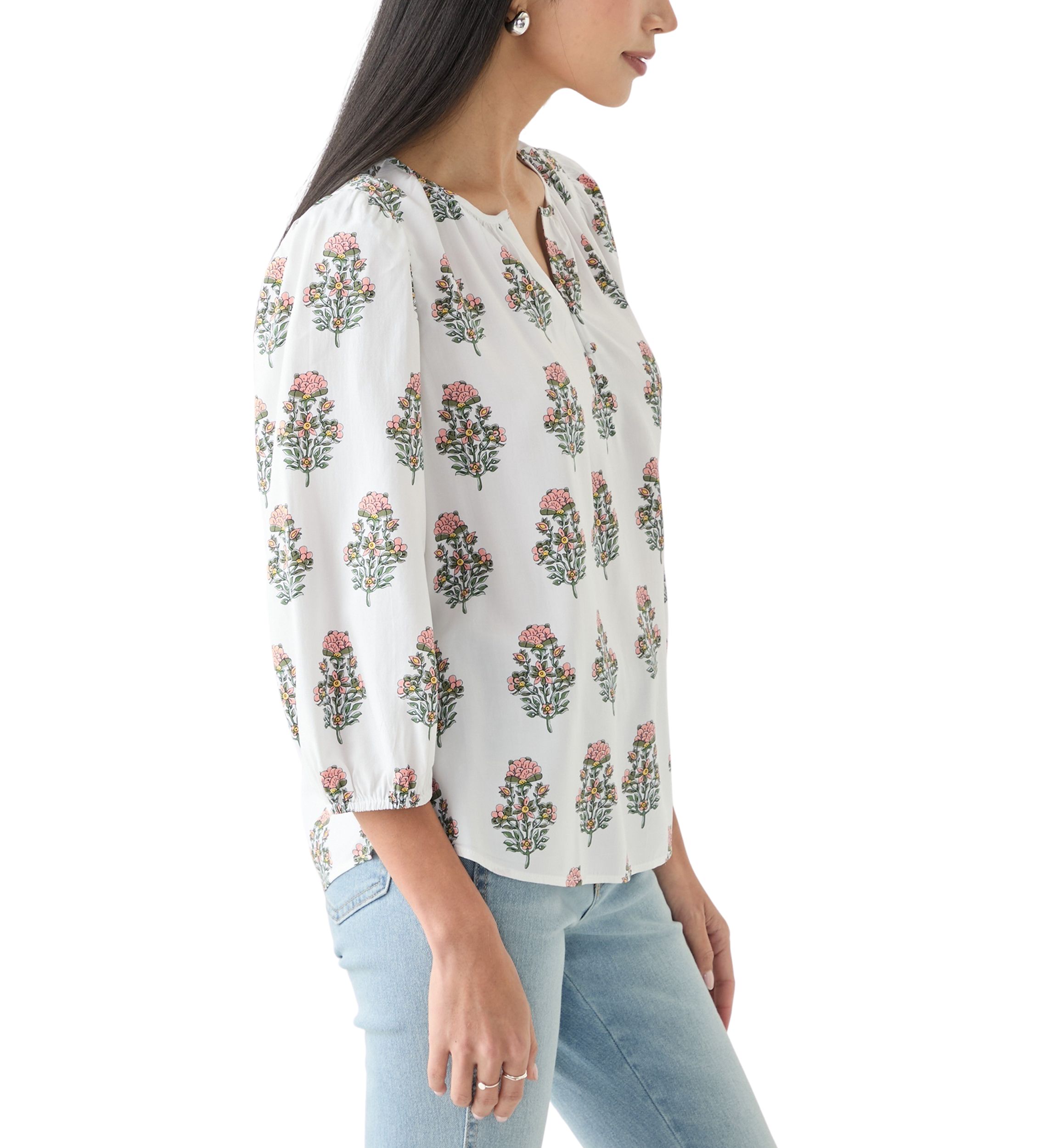 Petite 3/4 Puff Sleeve Button Front Peasant Blouse