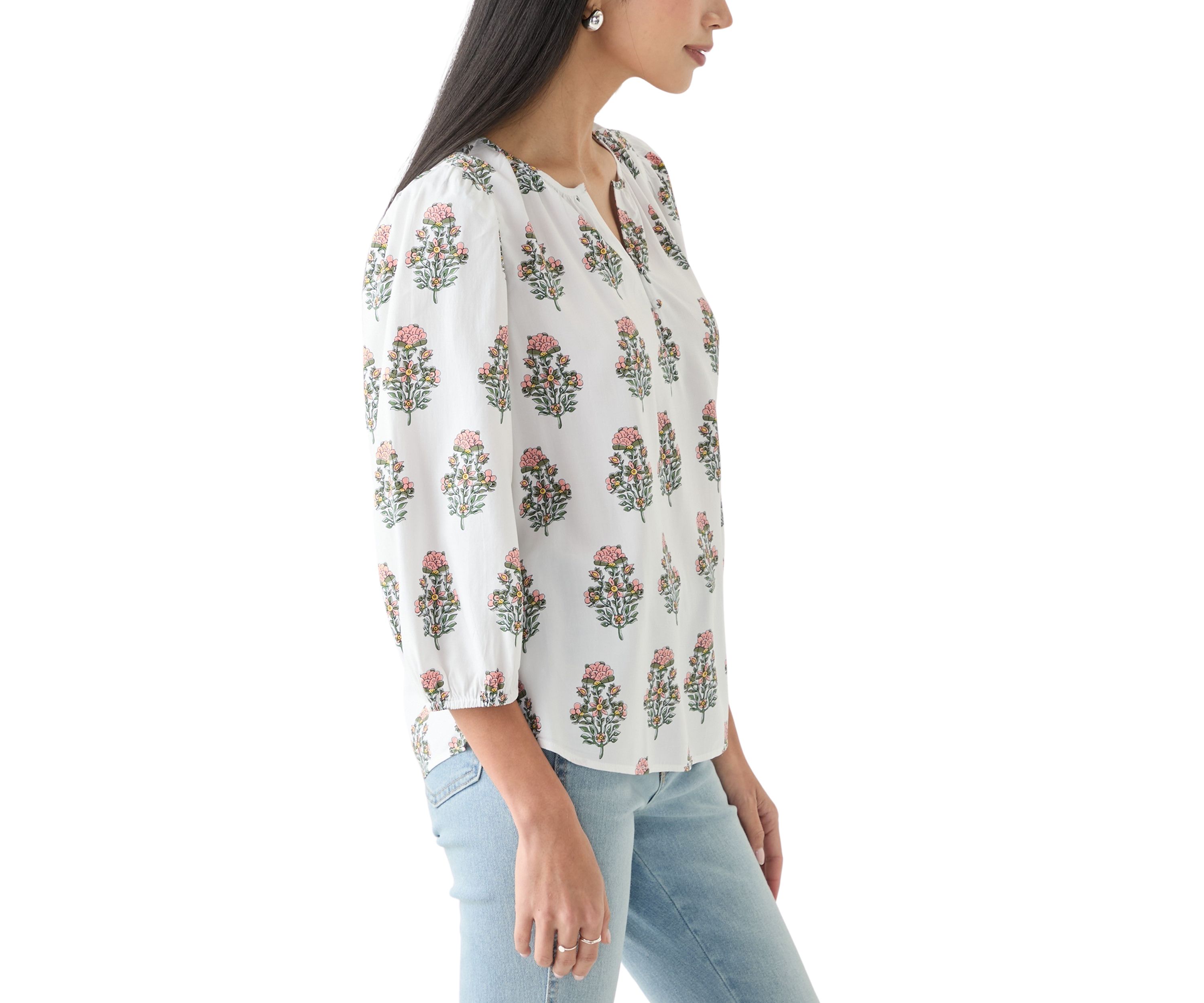 Petite 3/4 Puff Sleeve Button Front Peasant Blouse