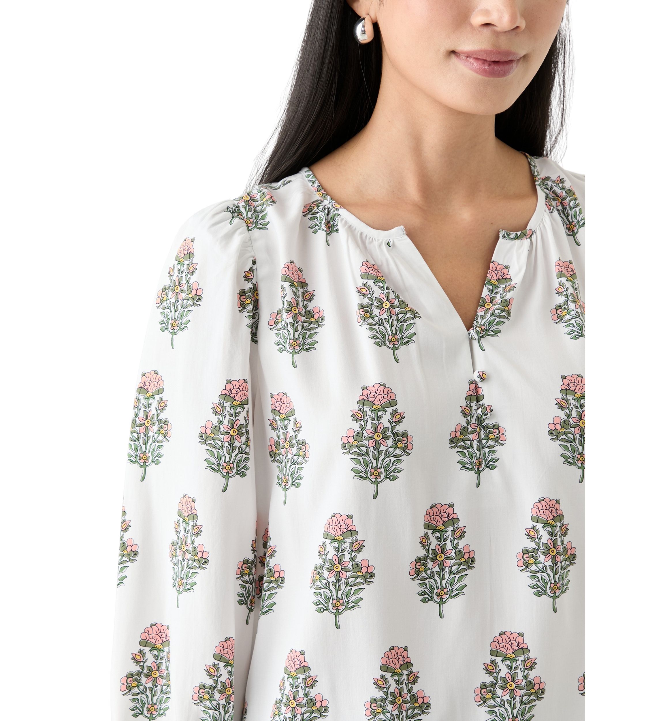 Petite 3/4 Puff Sleeve Button Front Peasant Blouse