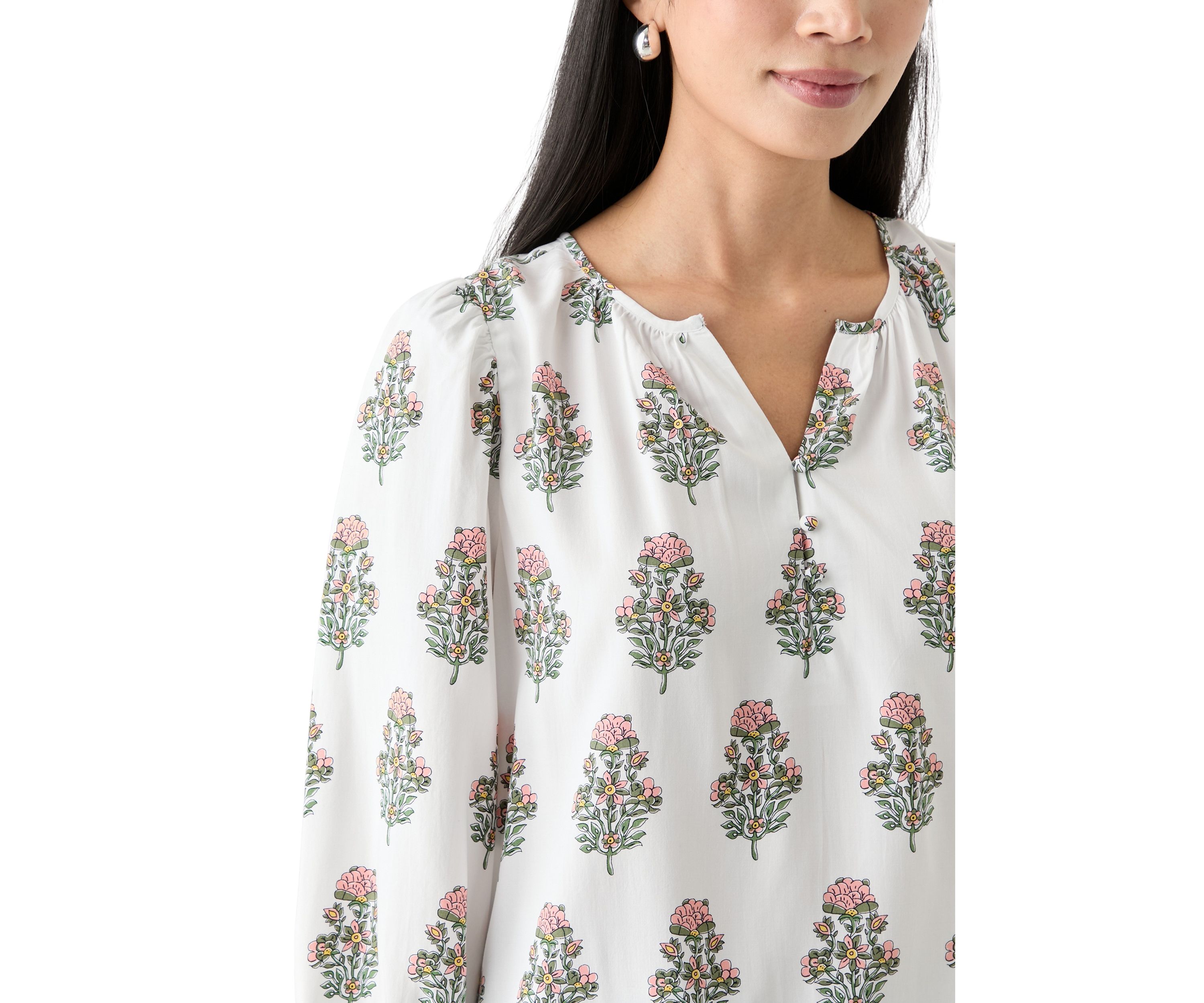 Petite 3/4 Puff Sleeve Button Front Peasant Blouse