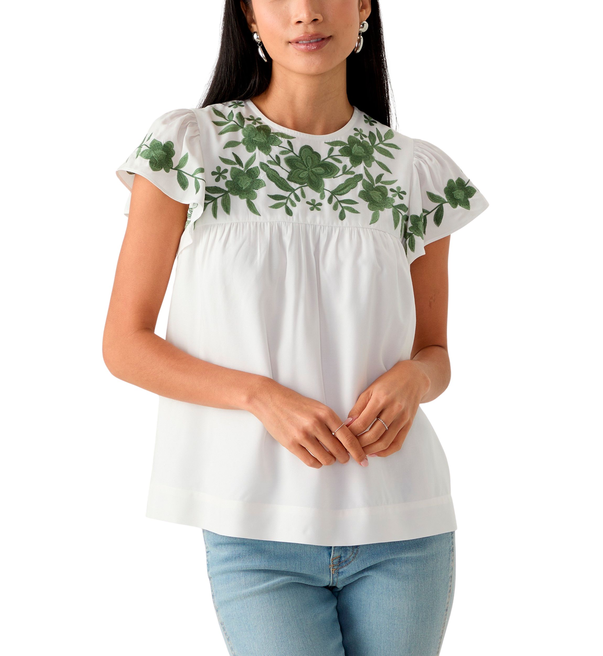 Petite Flutter Sleeve Embroidered Top