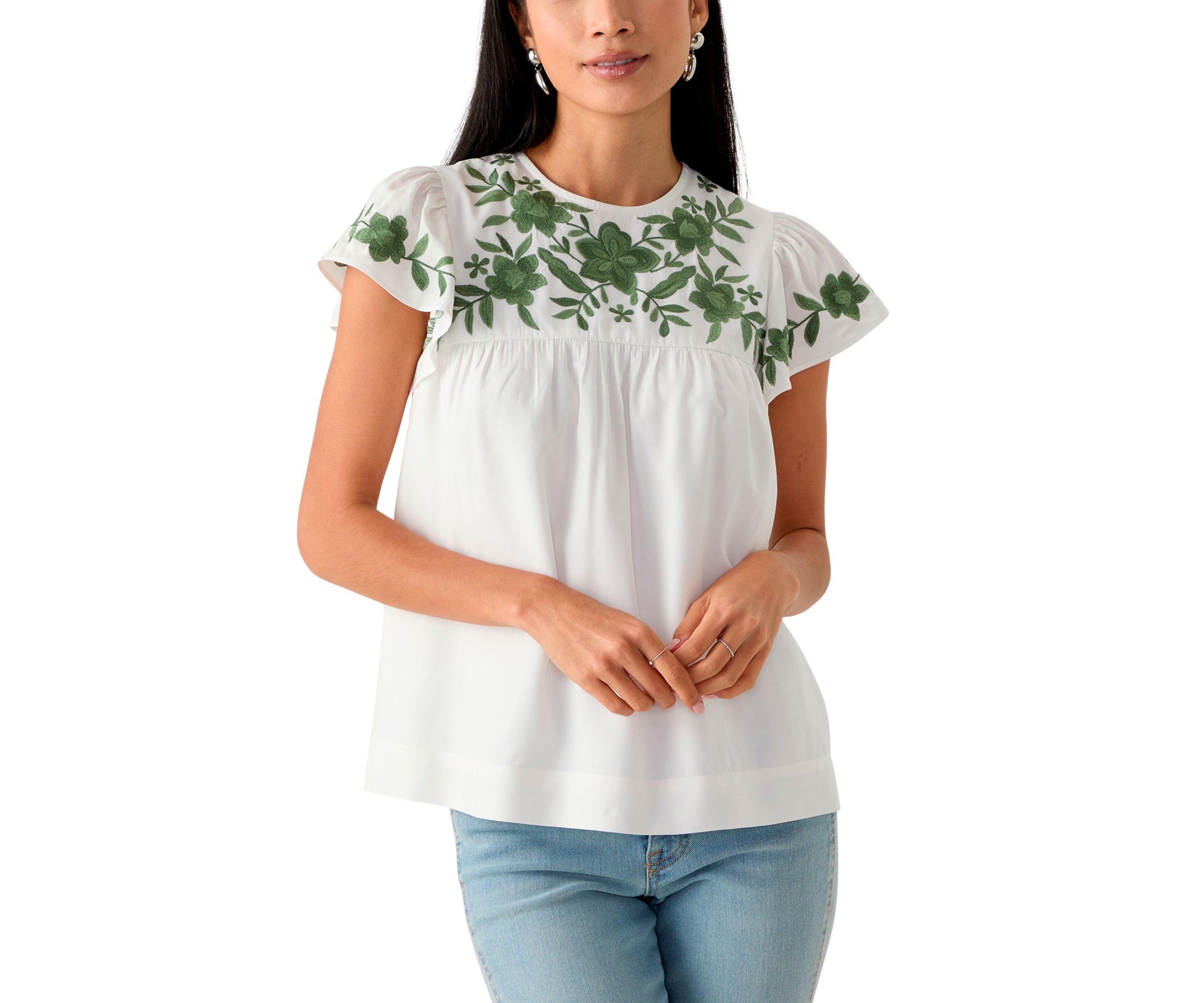 Petite Flutter Sleeve Embroidered Top