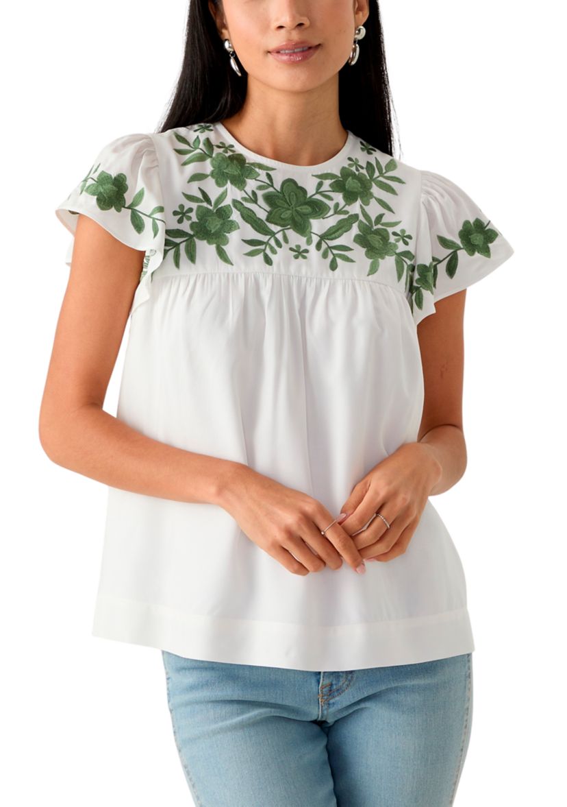 Petite Flutter Sleeve Embroidered Top