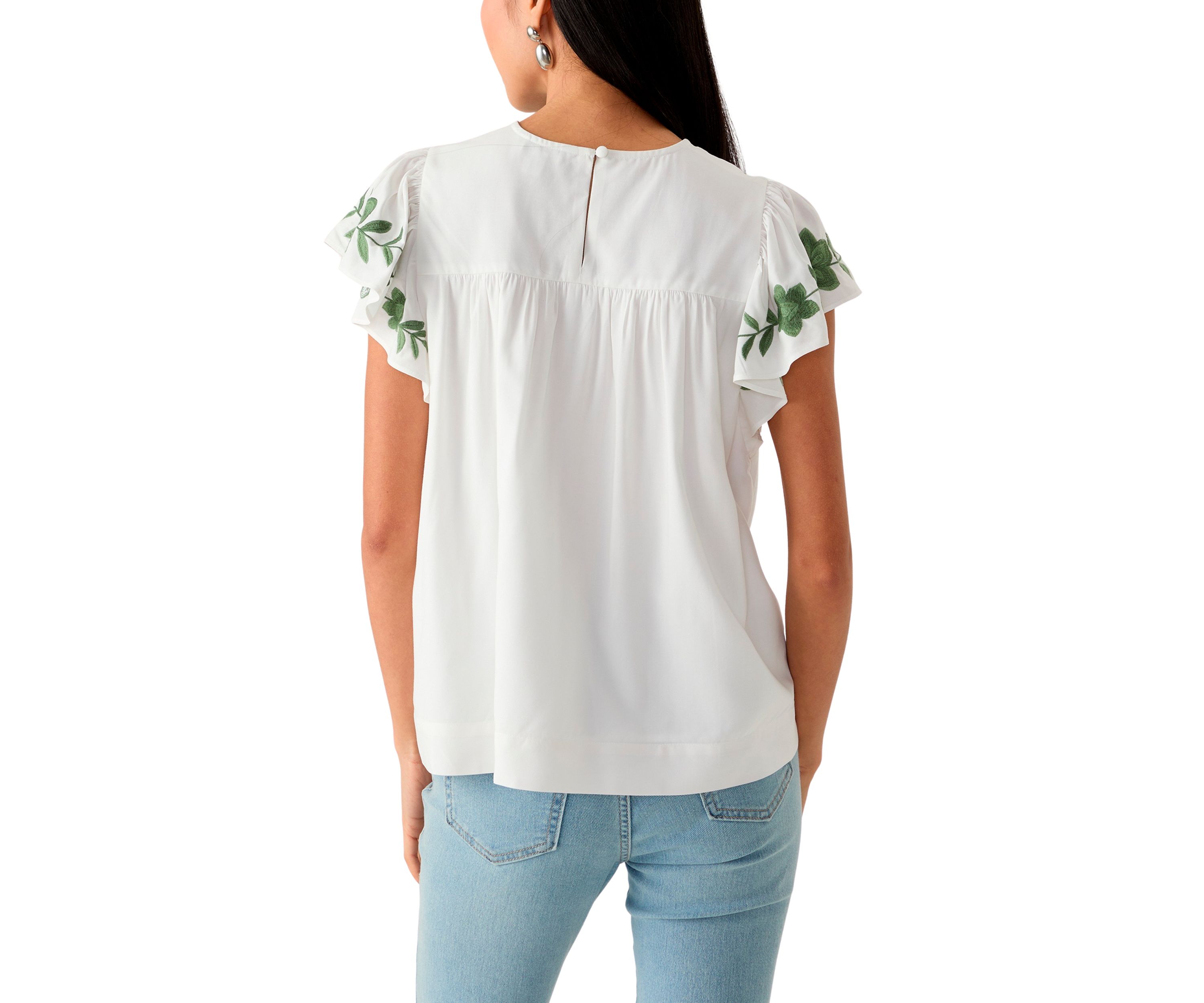 Petite Flutter Sleeve Embroidered Top