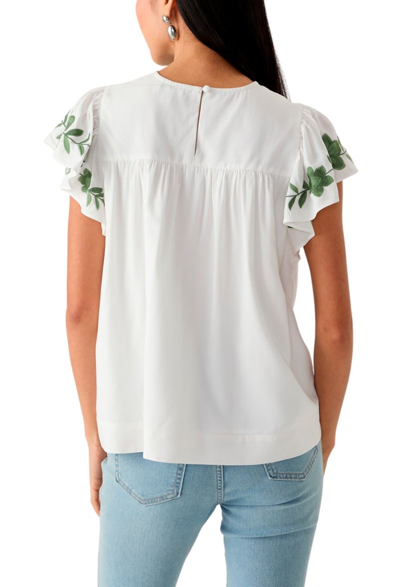 Petite Flutter Sleeve Embroidered Top